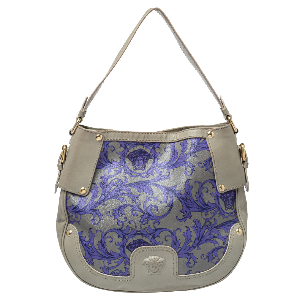 Pre-owned Versace Grey/blue Majolica Print Leather Hobo