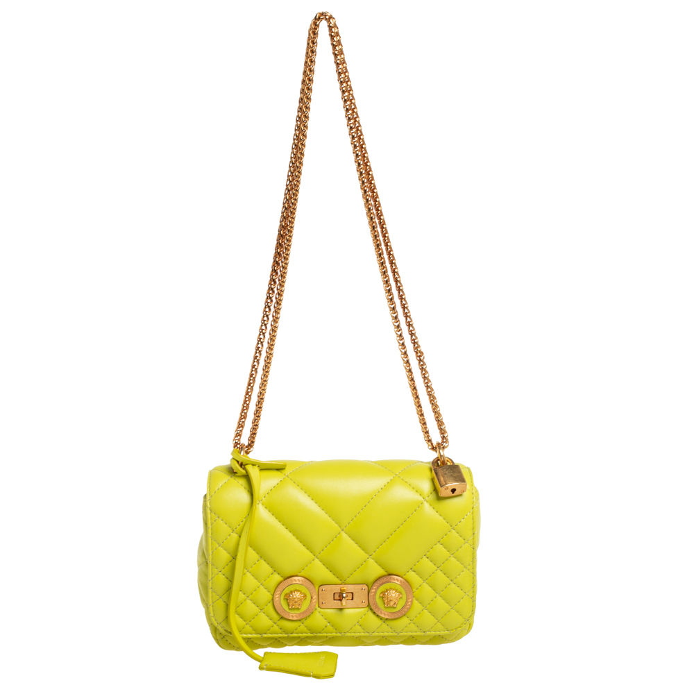 Pre-owned Versace Lime Green Quilted Leather Medusa Padlock Flap Chain Bag