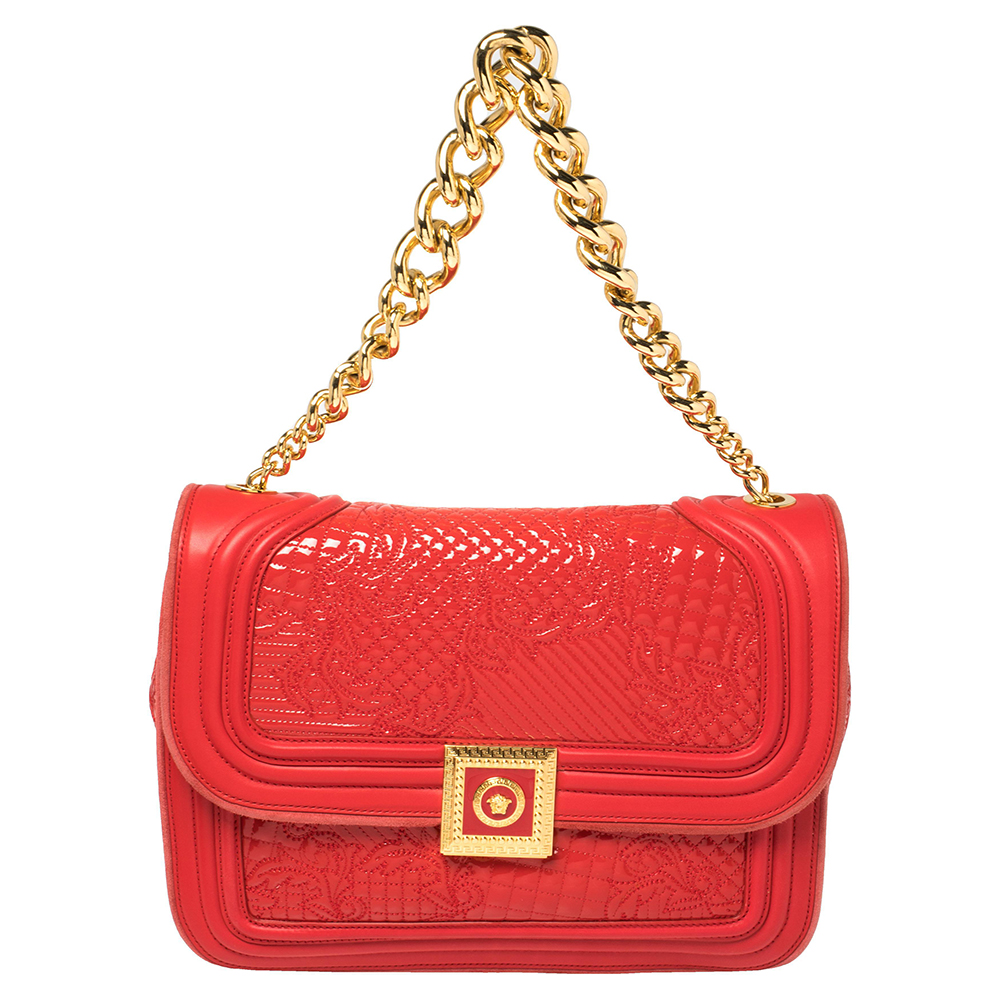 Pre-owned Versace Red Patent Leather And Suede Medusa Chain Flap Shoulder Bag
