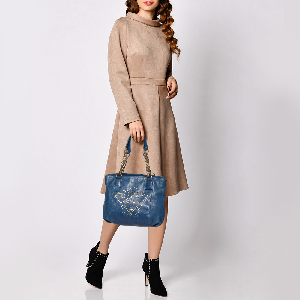 

Versace Blue Perforated Logo Leather Chain Tote