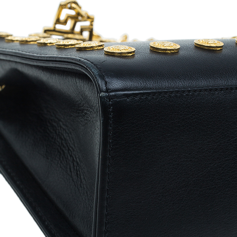Auth. GIANNI VERSACE VINTAGE Black Leather Shoulder Bag Black W/ Gold “Mint”