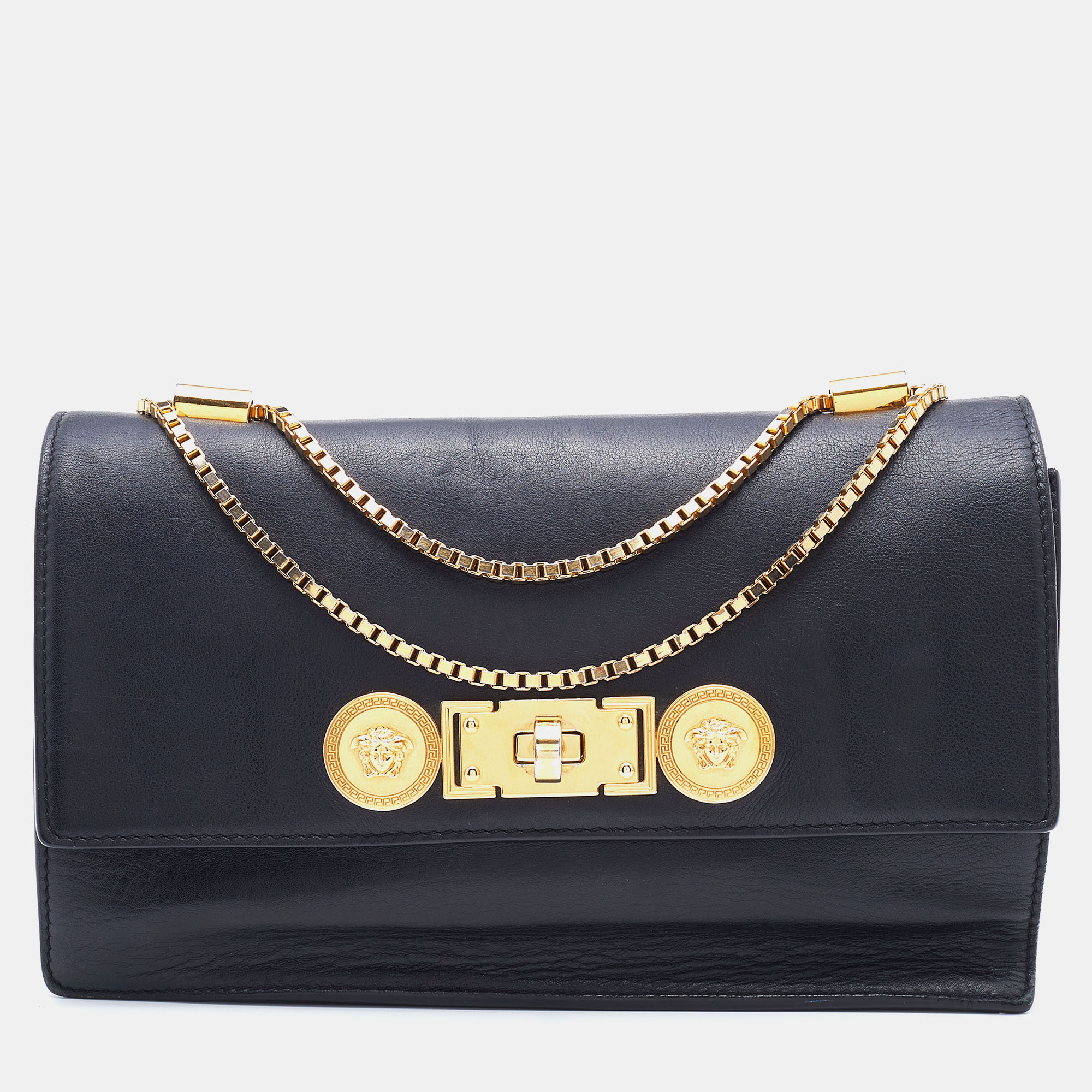 Pre-owned Versace Black Leather Medusa Flap Chain Shoulder Bag