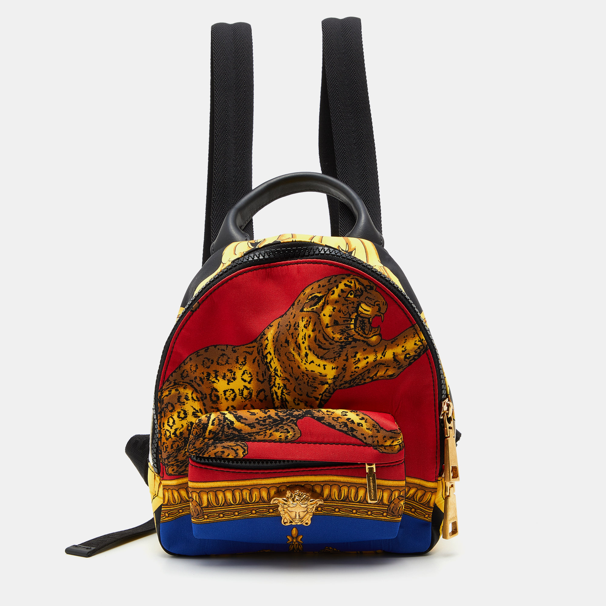 Pre-owned Versace Multicolor Printed Nylon And Leather Mini Medusa Pallazo Backpack