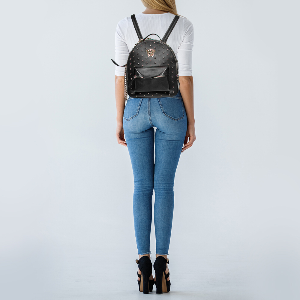 

Versace Black Leather La Medusa Studded Backpack