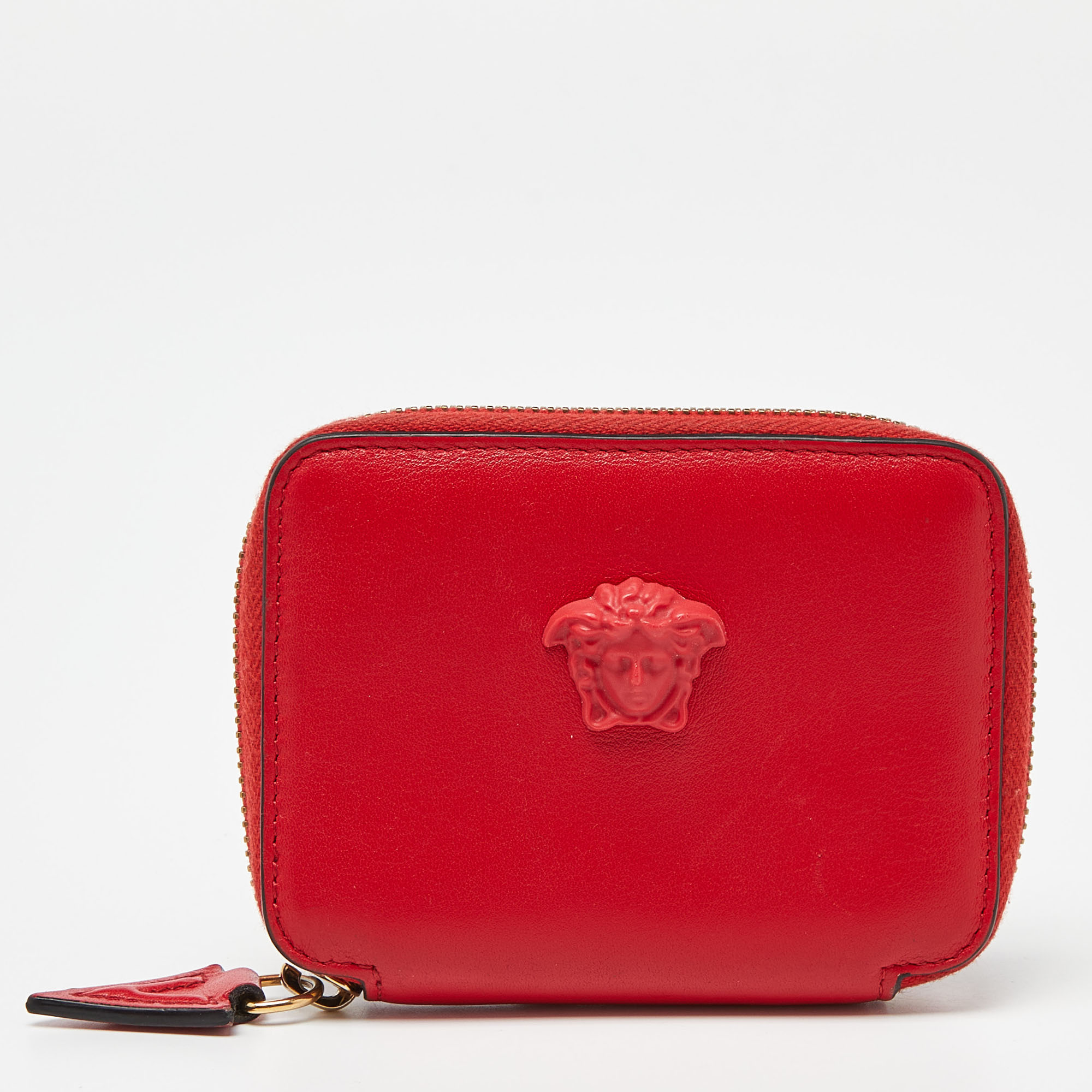 Pre-owned Versace Red Leather Medusa Zip Coin Purse