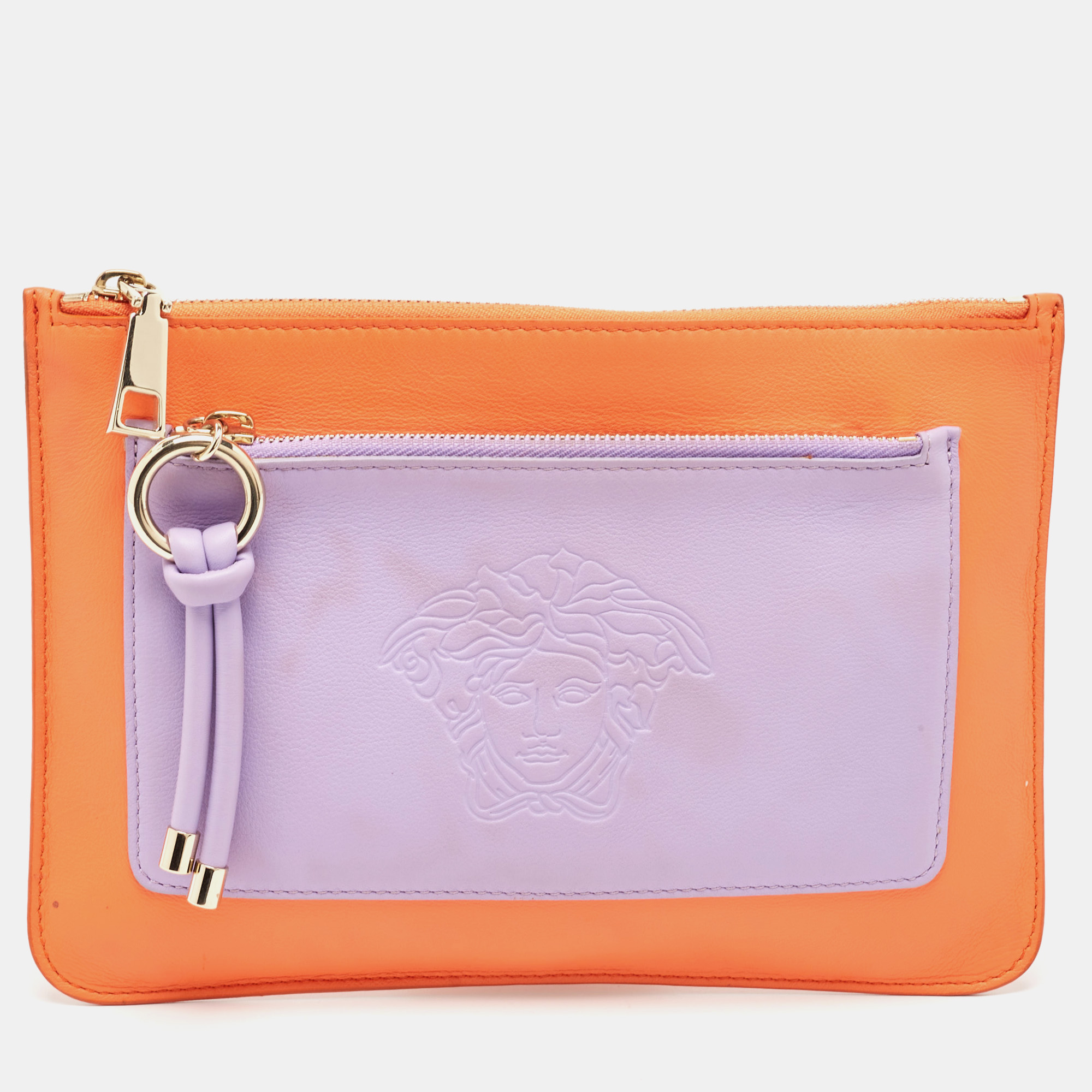 Pre-owned Versace Orange/purple Leather Medusa Embossed Slim Clutch