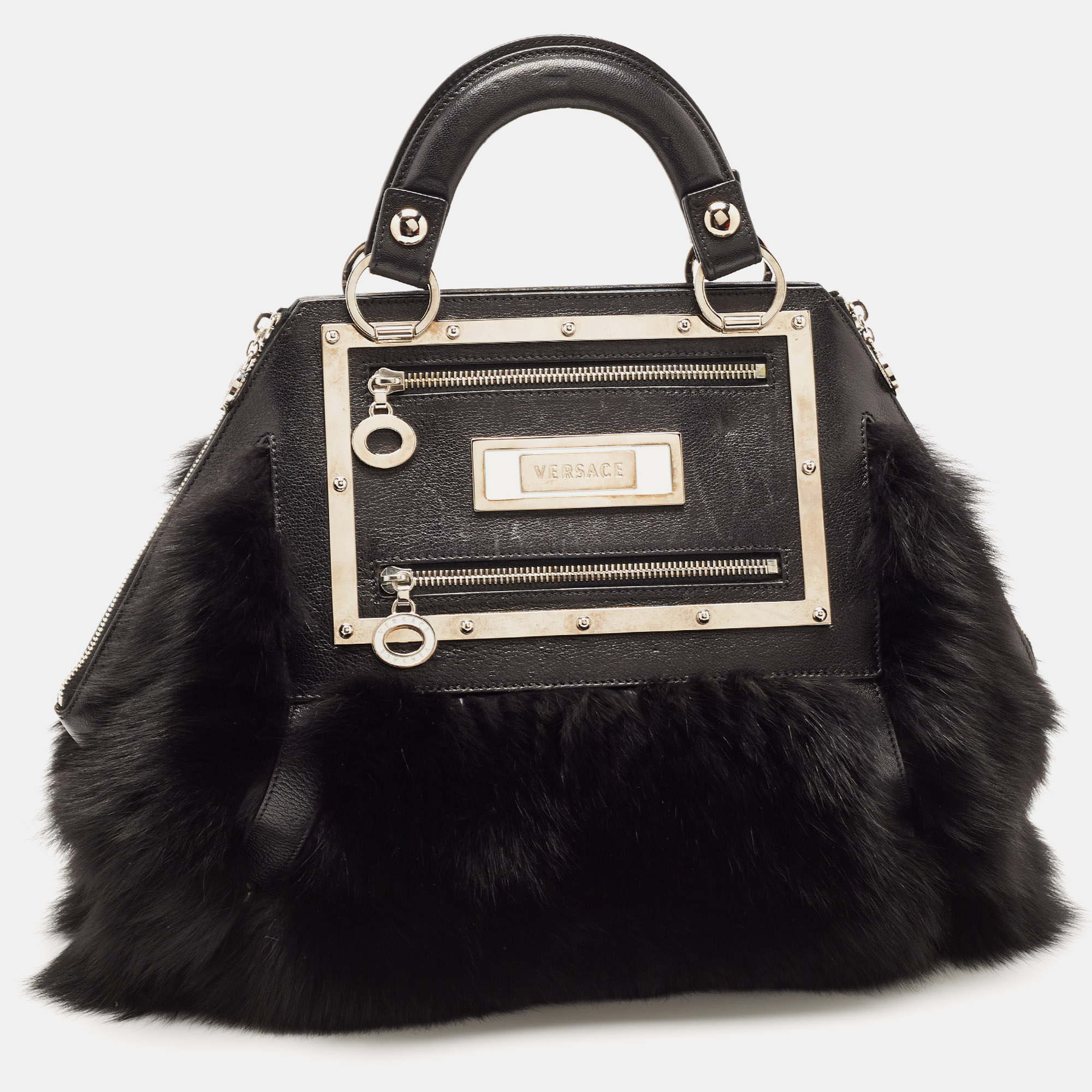 Pre-owned Versace Black Fox Fur And Leather Hit Satchel
