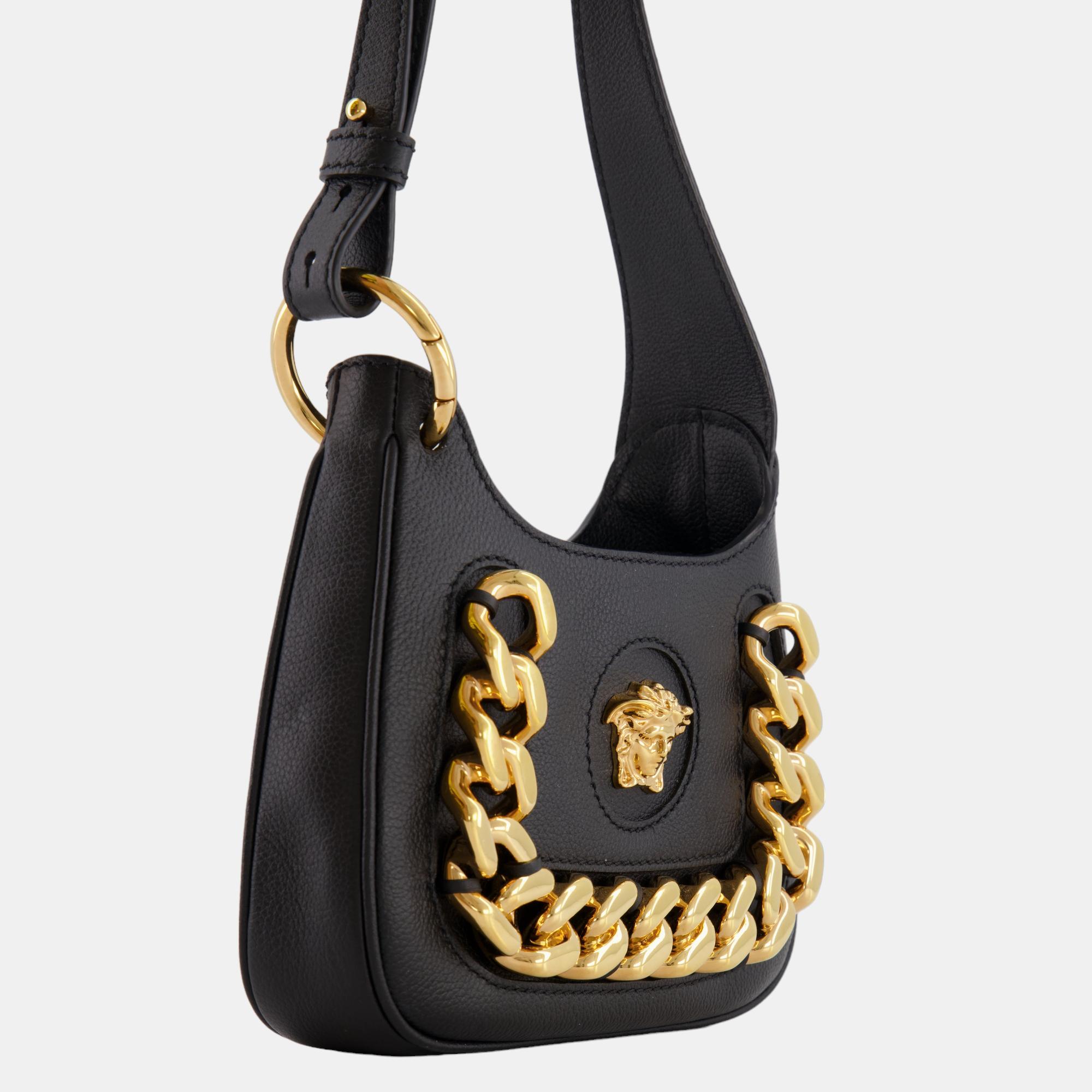 

Versace Black Leather La Medusa Mini Hobo Bag with Gold Hardware