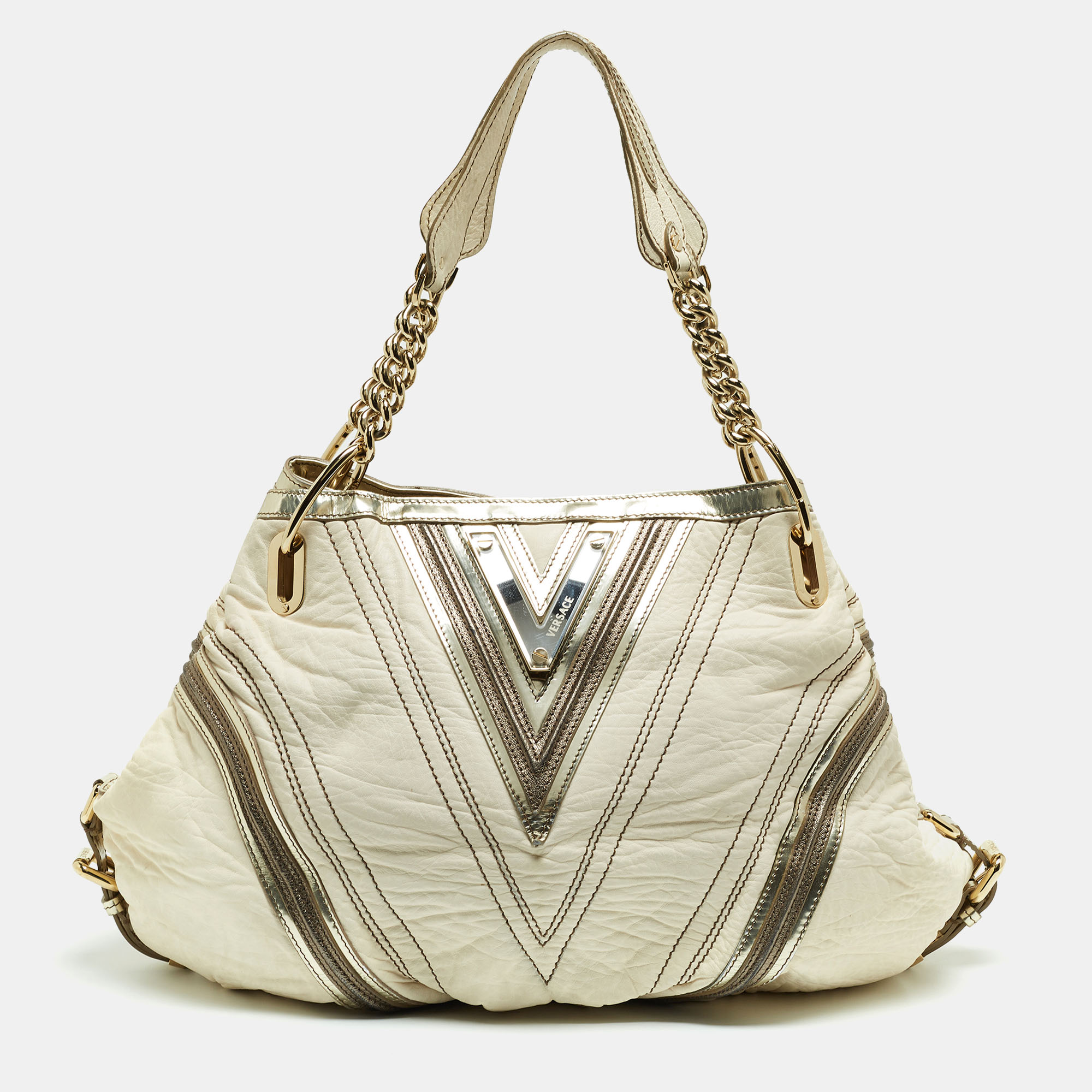 Pre-owned Versace Cream/gold Leather Shoulder Bag