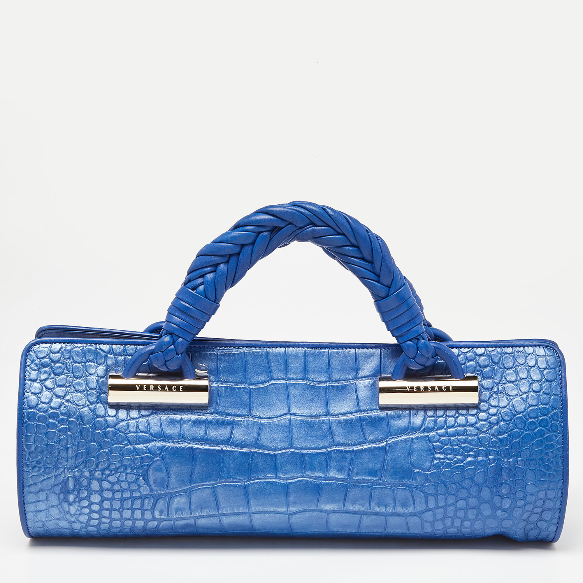 

Versace Metallic Blue Croc Embossed Leather Frame Satchel