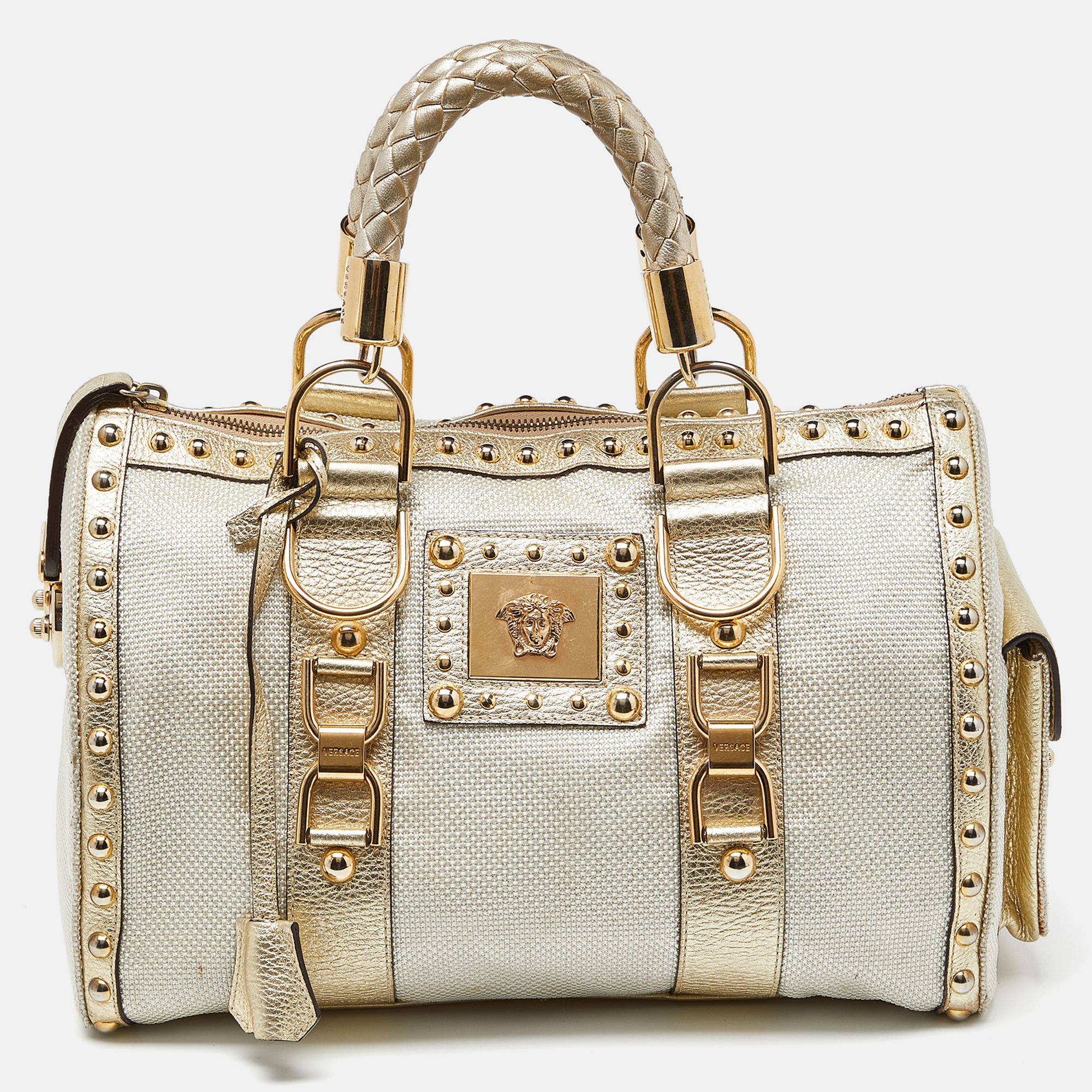 Pre-owned Versace Beige/gold Nylon And Leather Studded Madonna Satchel