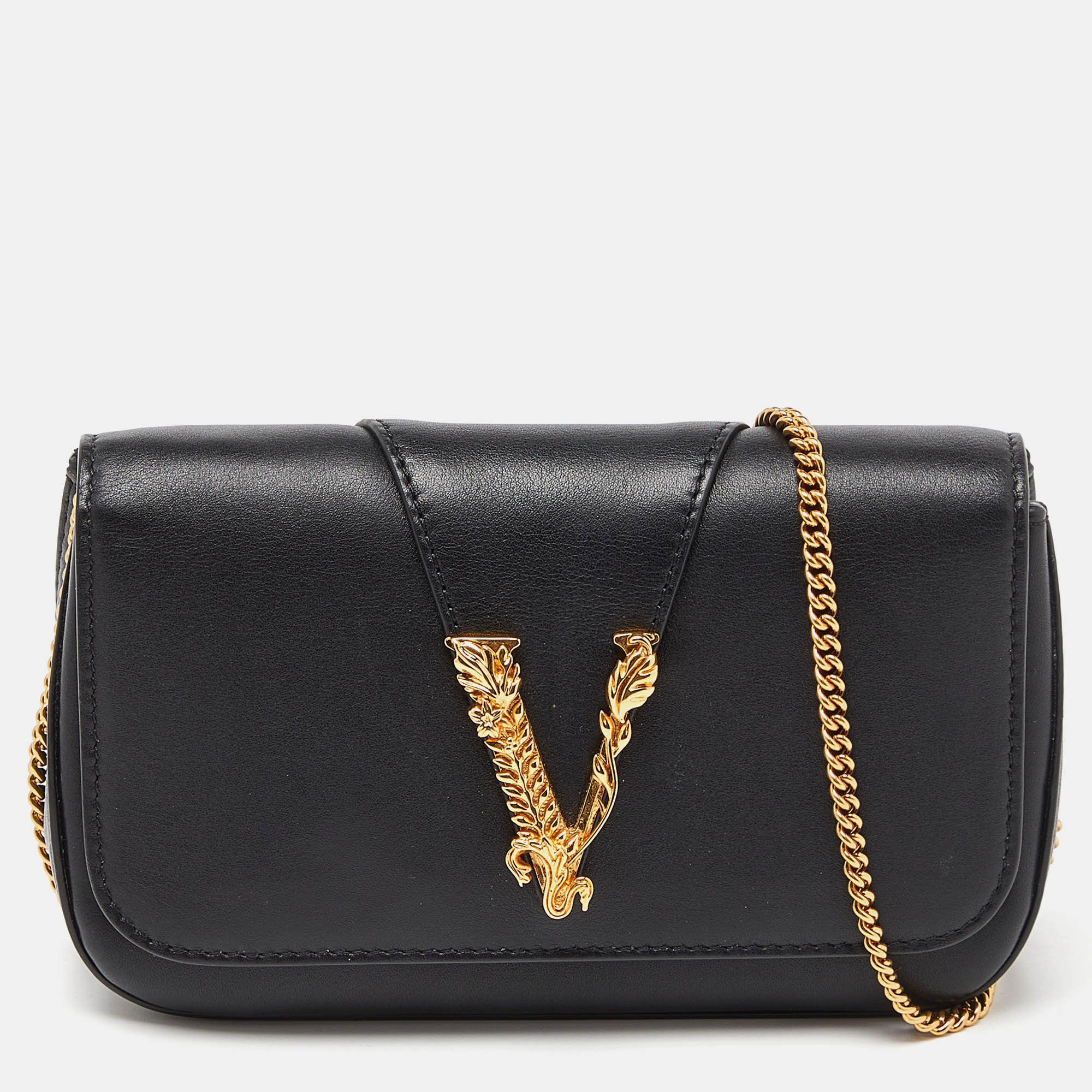 Pre-owned Versace Black Leather Flap Chain Clutch