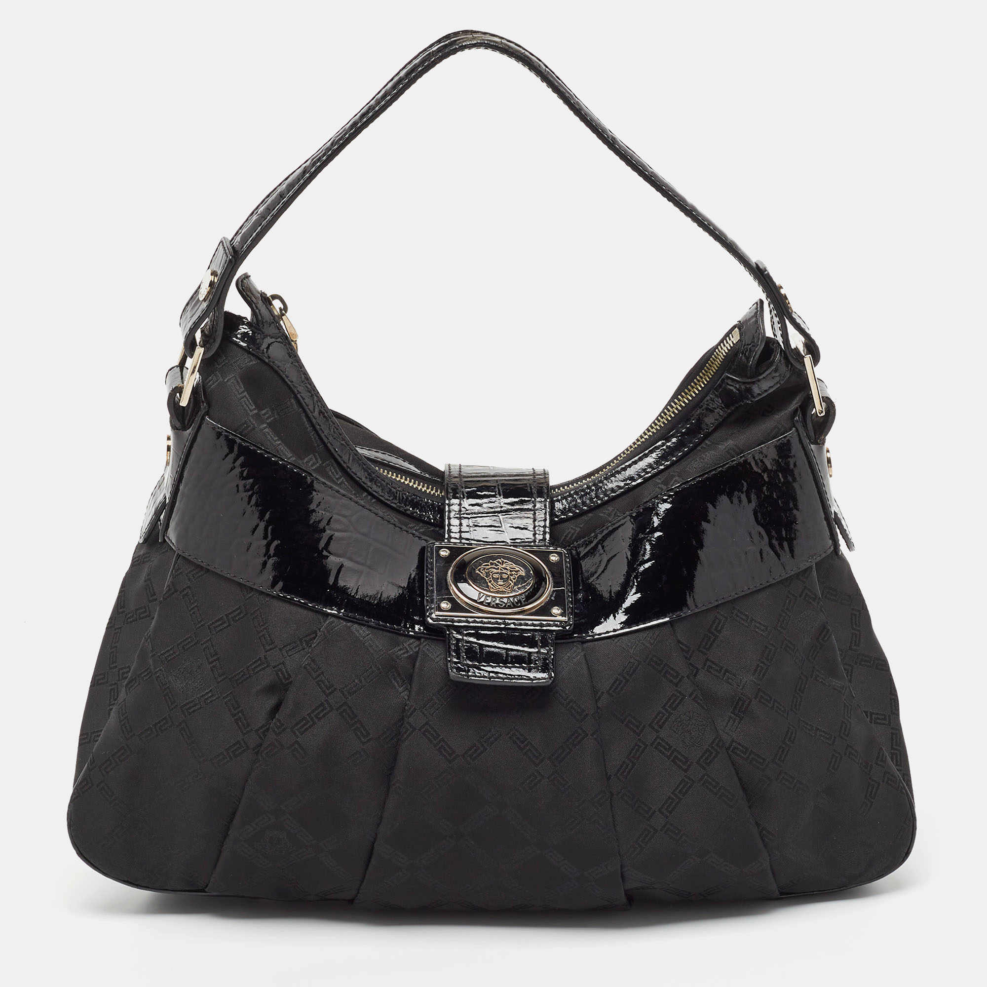 

Versace Black Quilted Nylon and Croc Embossed Patent Leather Logo Hobo
