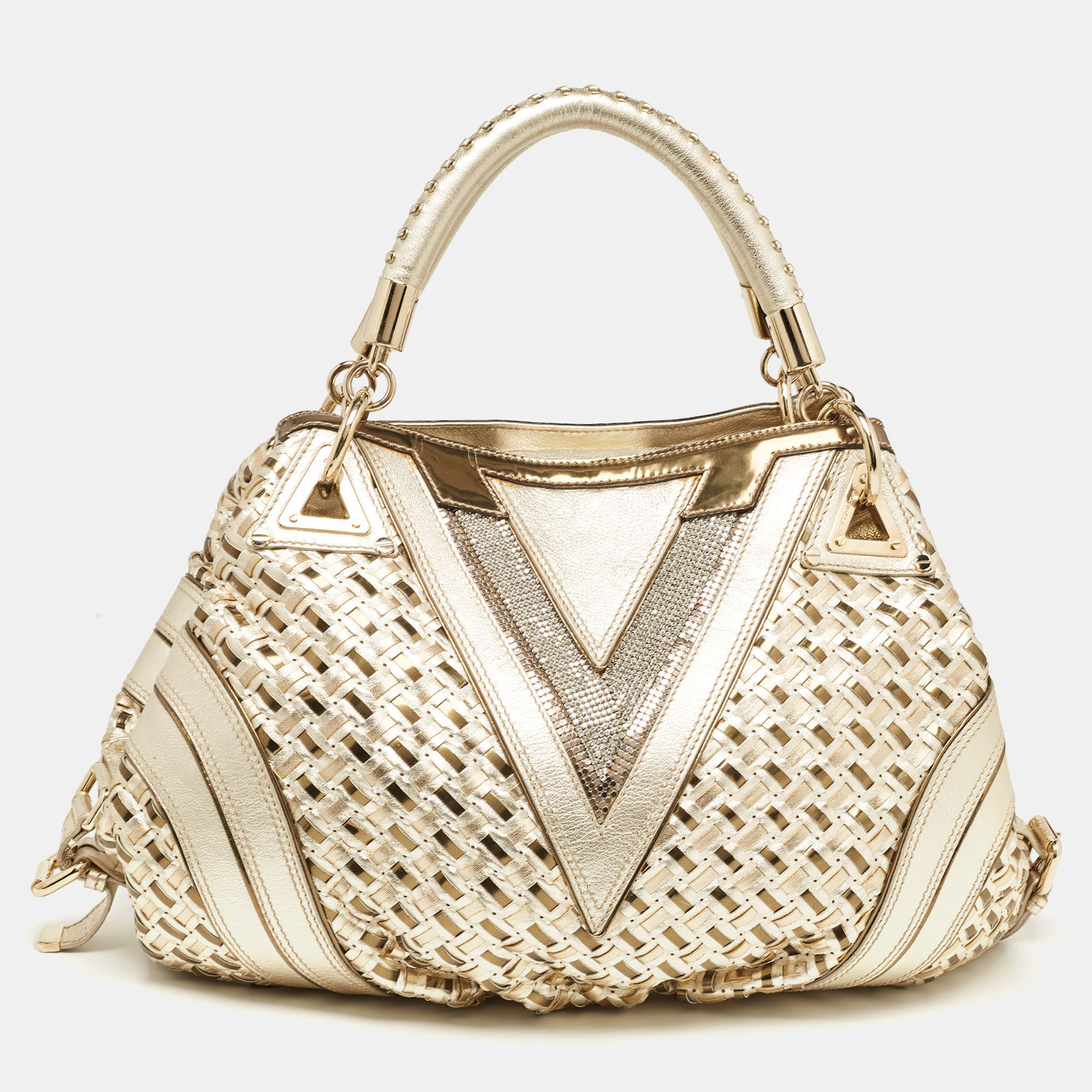 Pre-owned Versace Gold Woven Leather V Crystals Bag