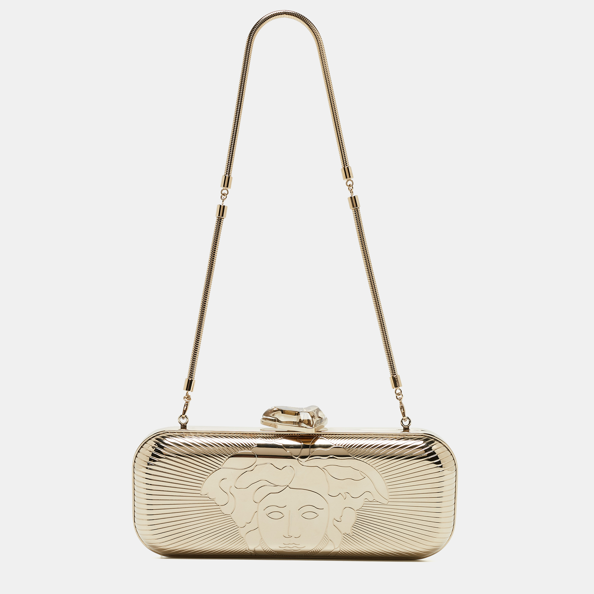 

Versace Gold Metal Medusa Lock Chain Clutch