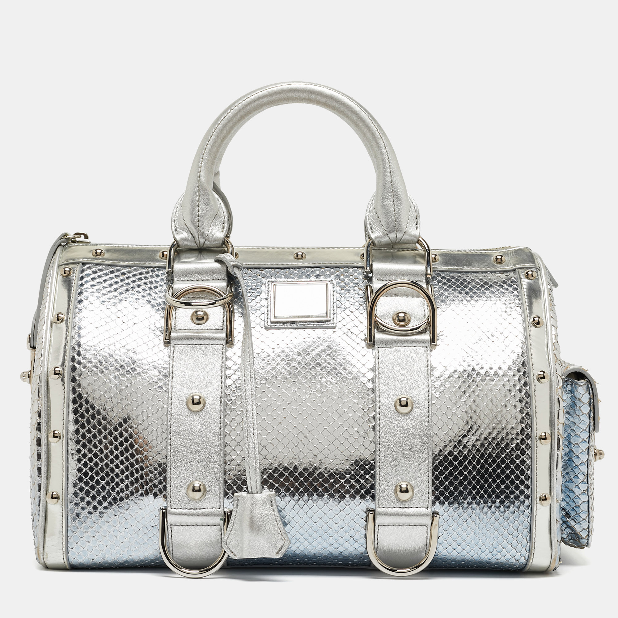Pre-owned Versace Silver Snakeskin Snap Out Of It Satchel