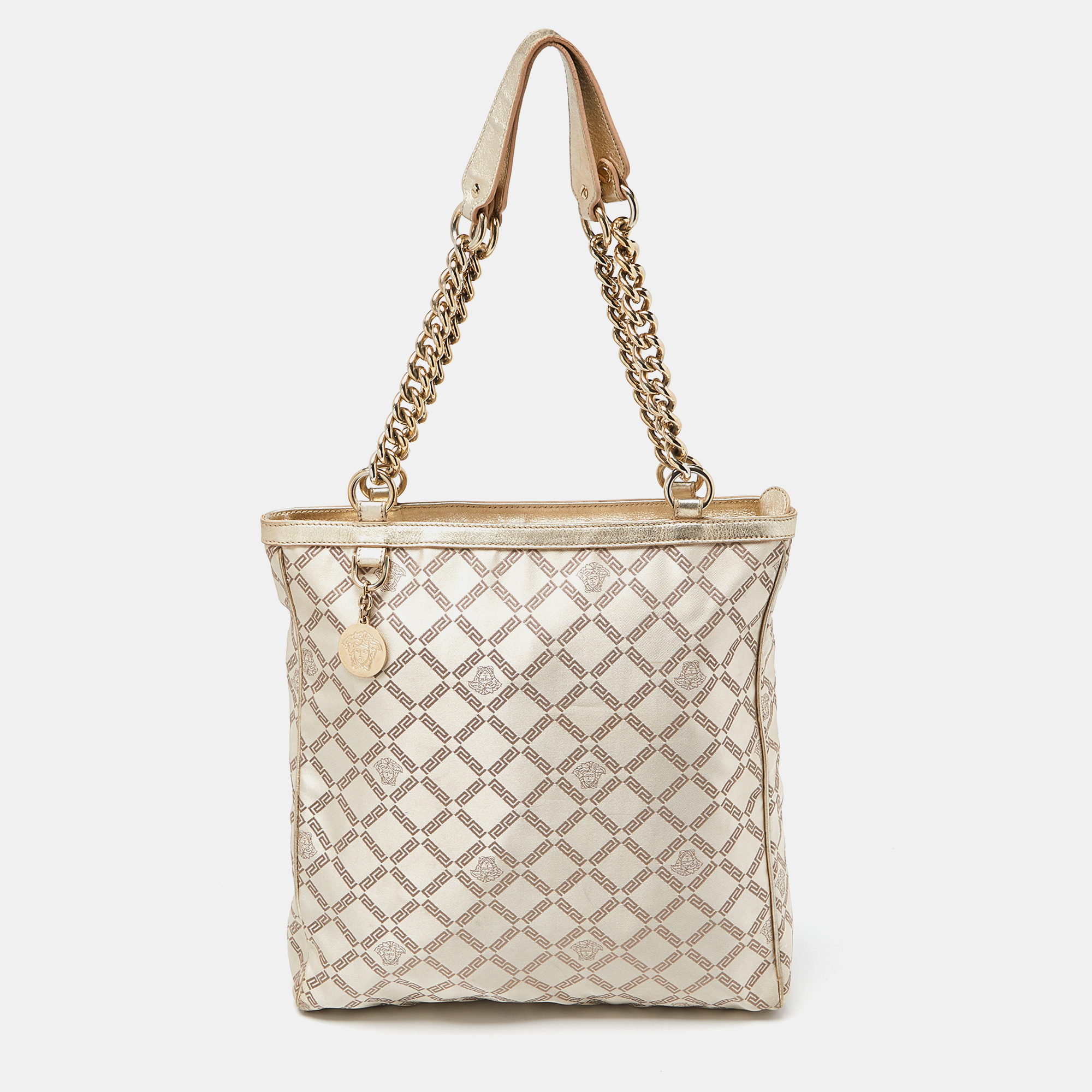 

Versace Gold Monogram Fabric and Leather Medusa Chain Tote