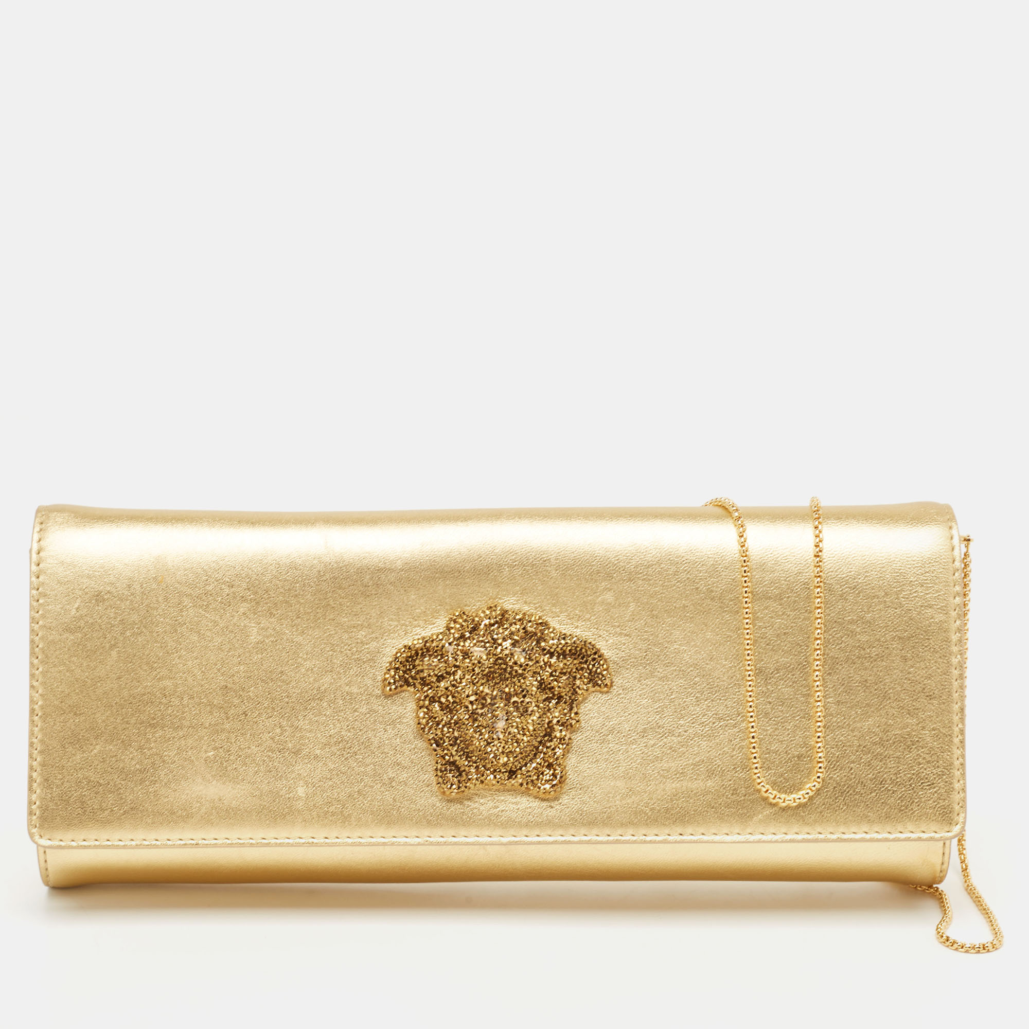 Pre-owned Versace Gold Leather Medusa Icon Crystals Chain Clutch