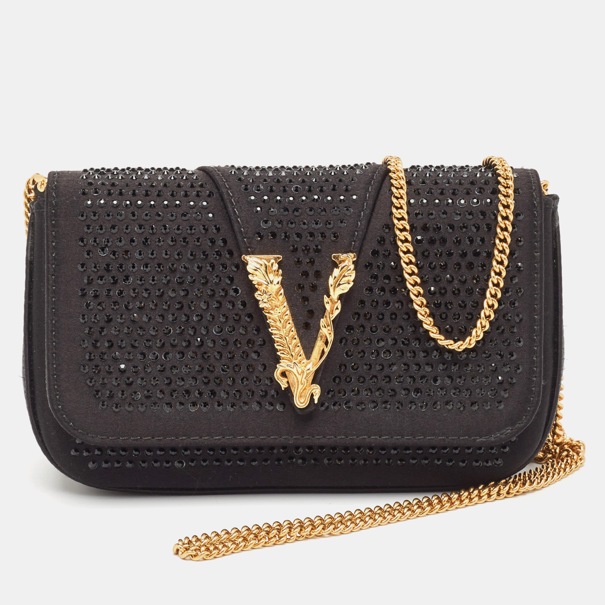Pre-owned Versace Black Satin Virtus Barroco Crystals Chain Bag