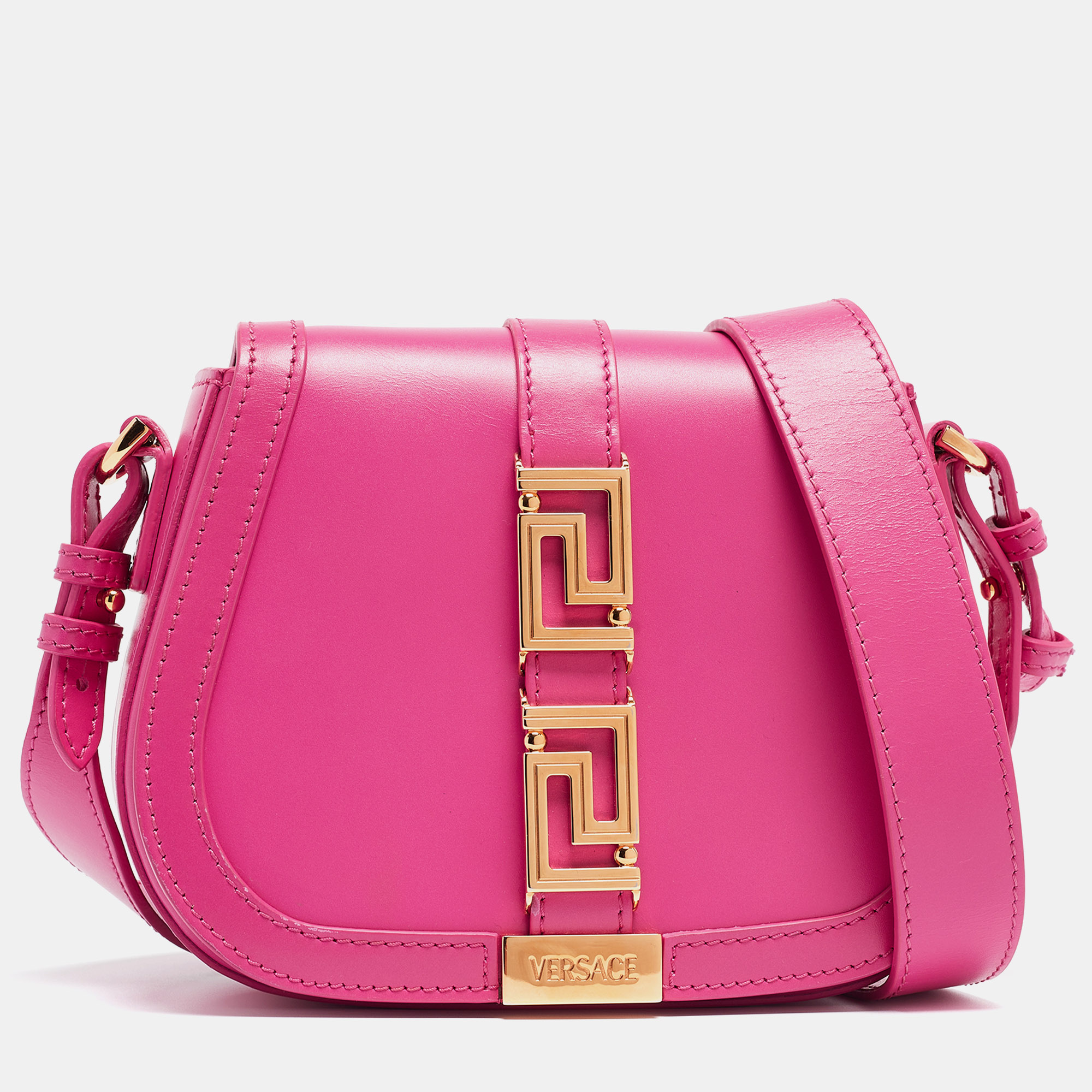 Pre-owned Versace Pink Leather Greca Shoulder Bag