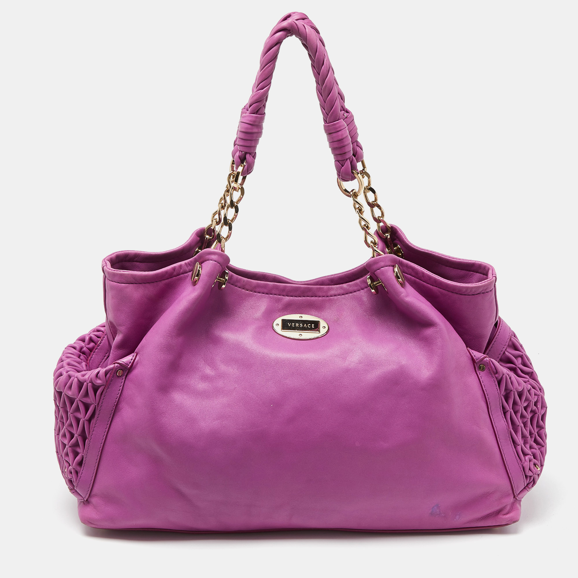 Pre-owned Versace Pink Pleated Leather Chain Satchel