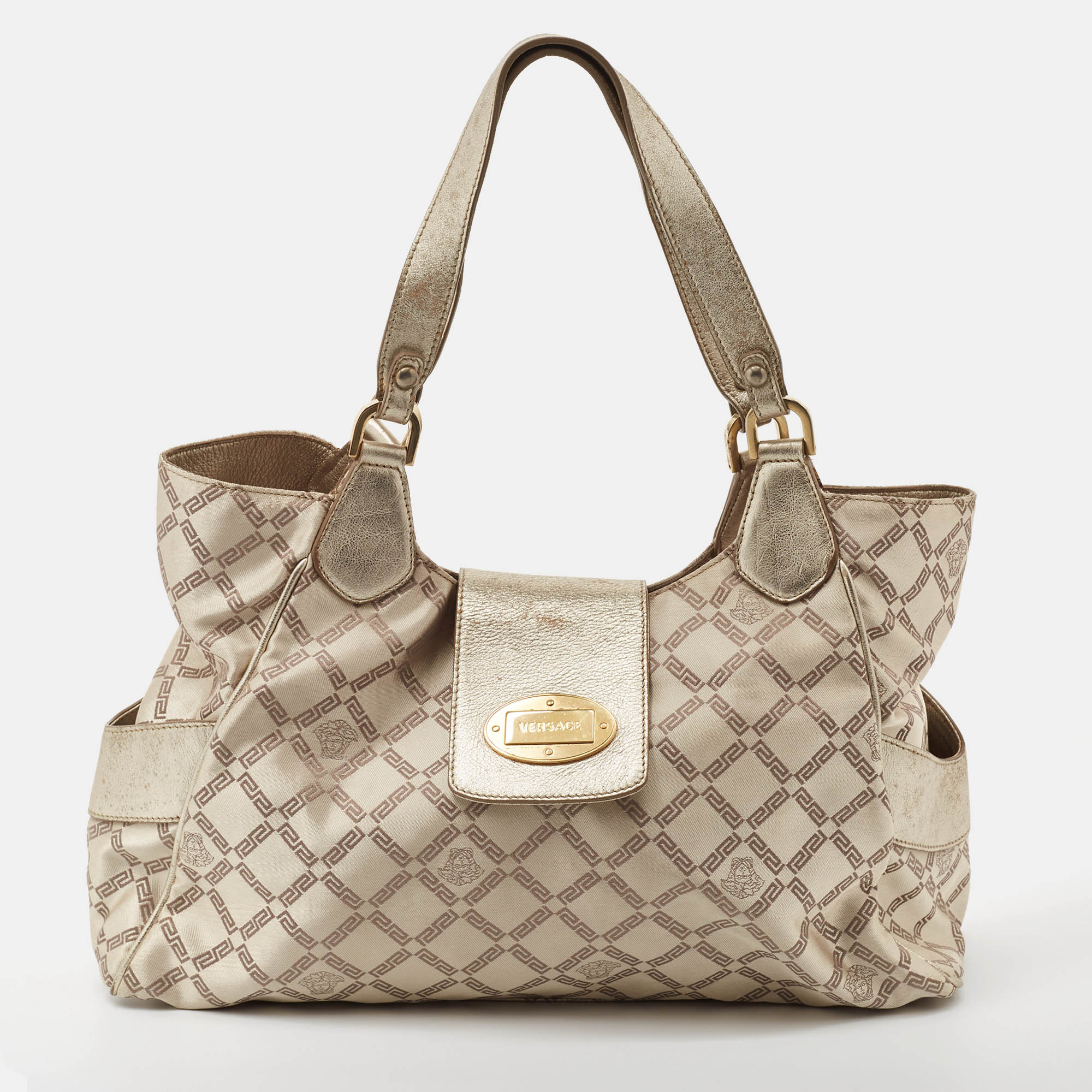 Pre-owned Versace Pale Gold/light Beige Signature Fabric And Leather Tote