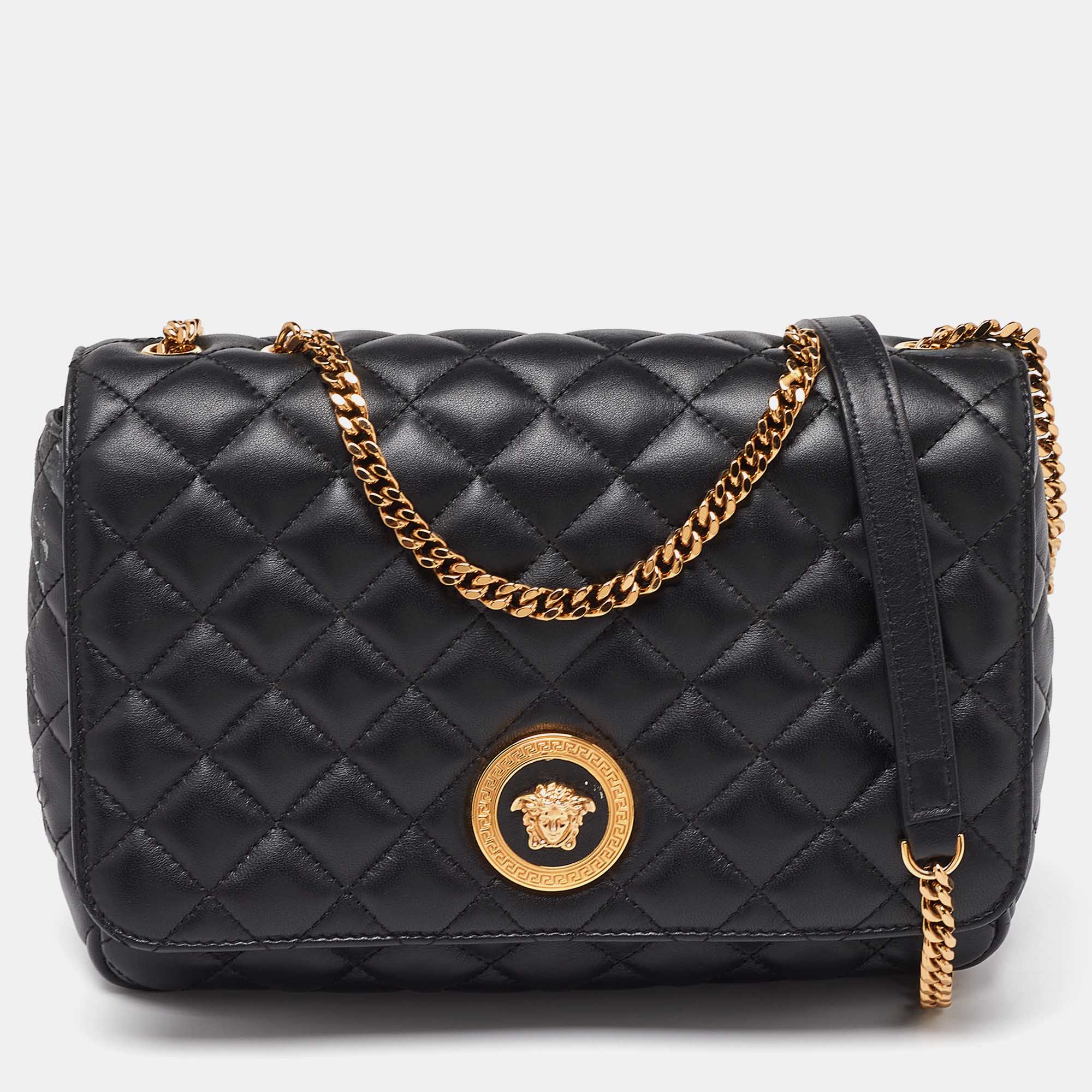 Pre-owned Versace Black Quilted Leather Medusa Chain Shoulder Bag