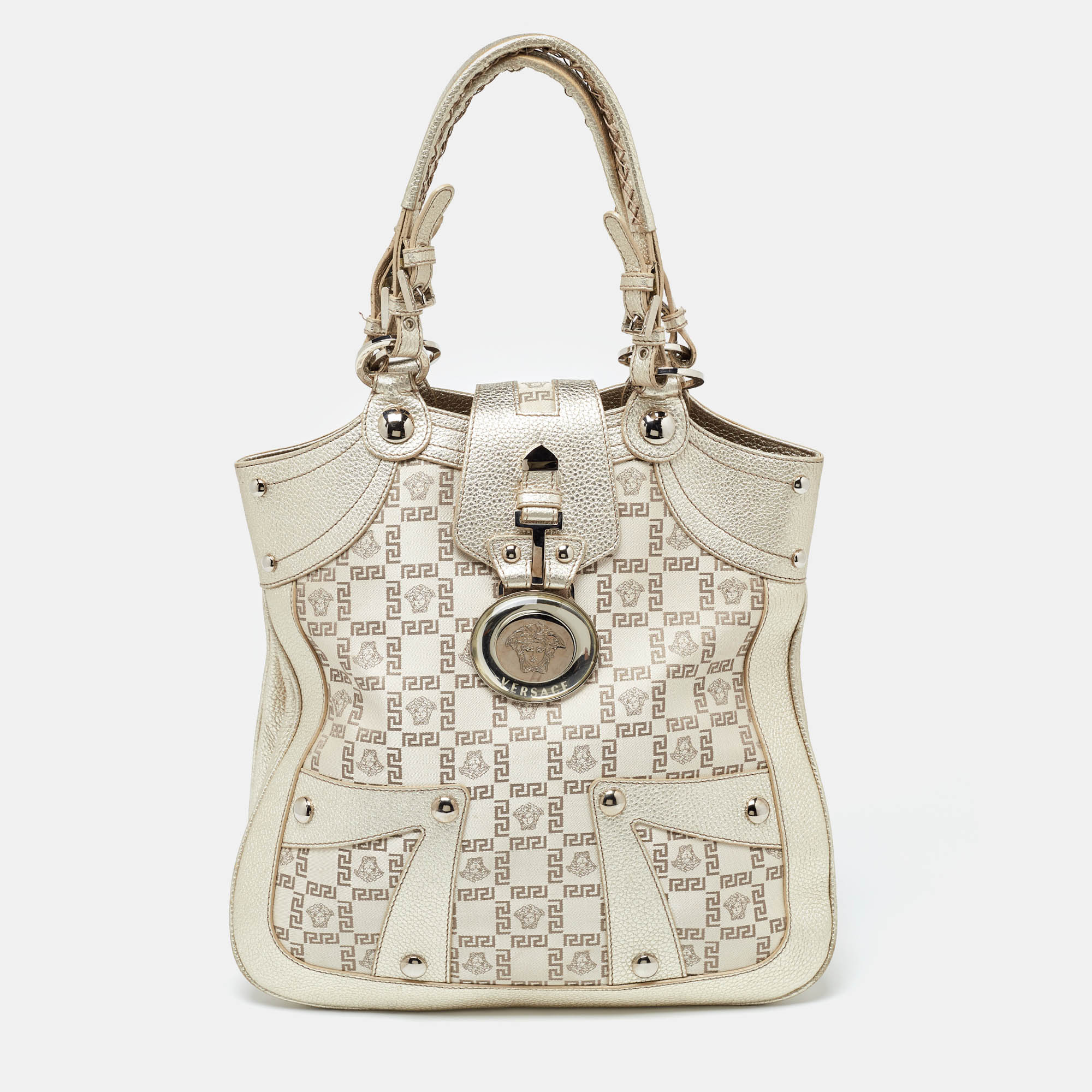 

Versace Gold Monogram Fabric and Leather Medusa Flap Hobo