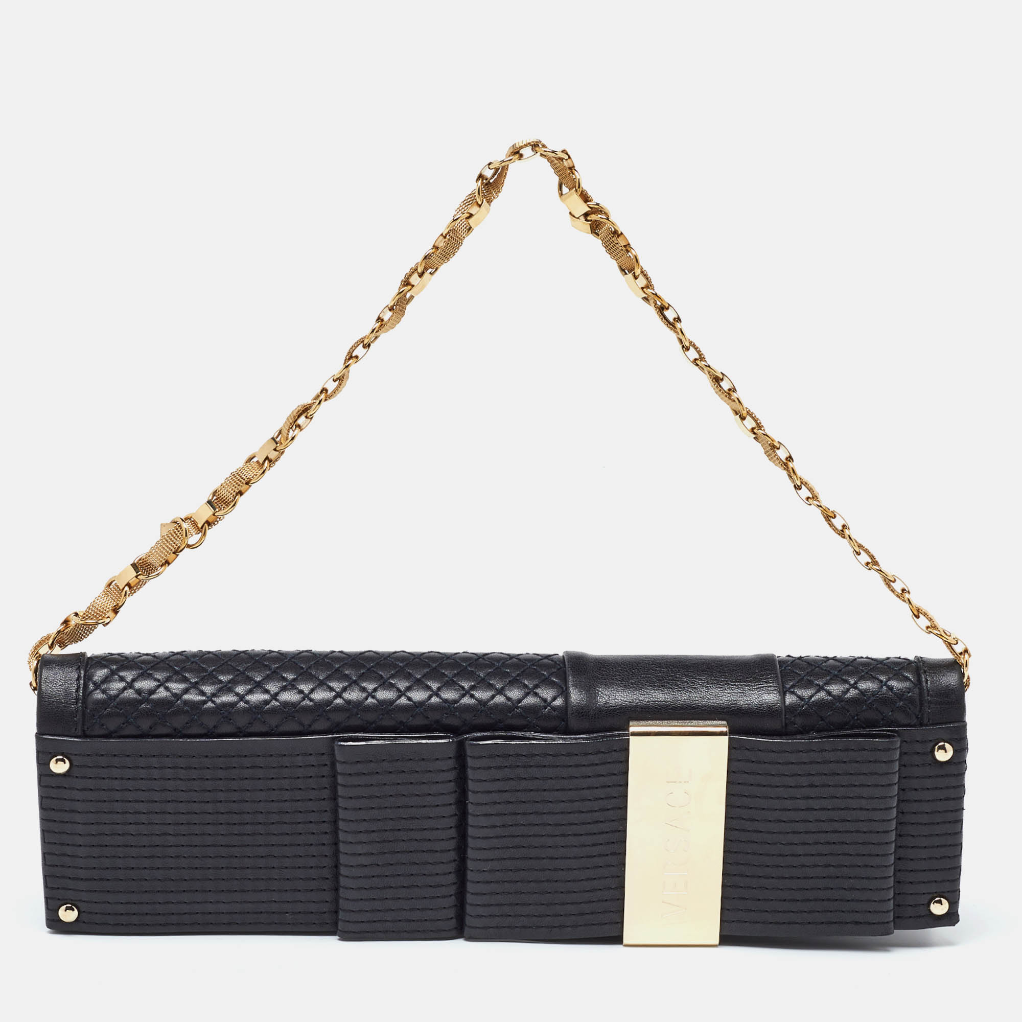 

Versace Black Quilted Leather Medallion Chain Clutch
