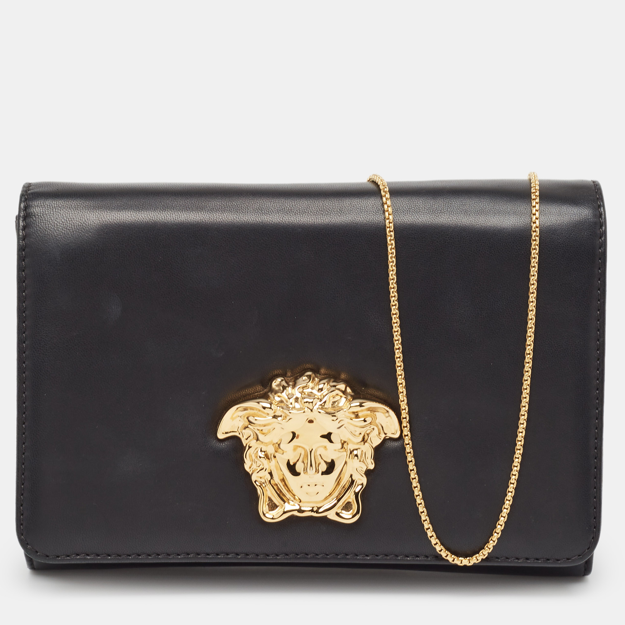 Pre-owned Versace Black Leather Palazzo Medusa Chain Clutch