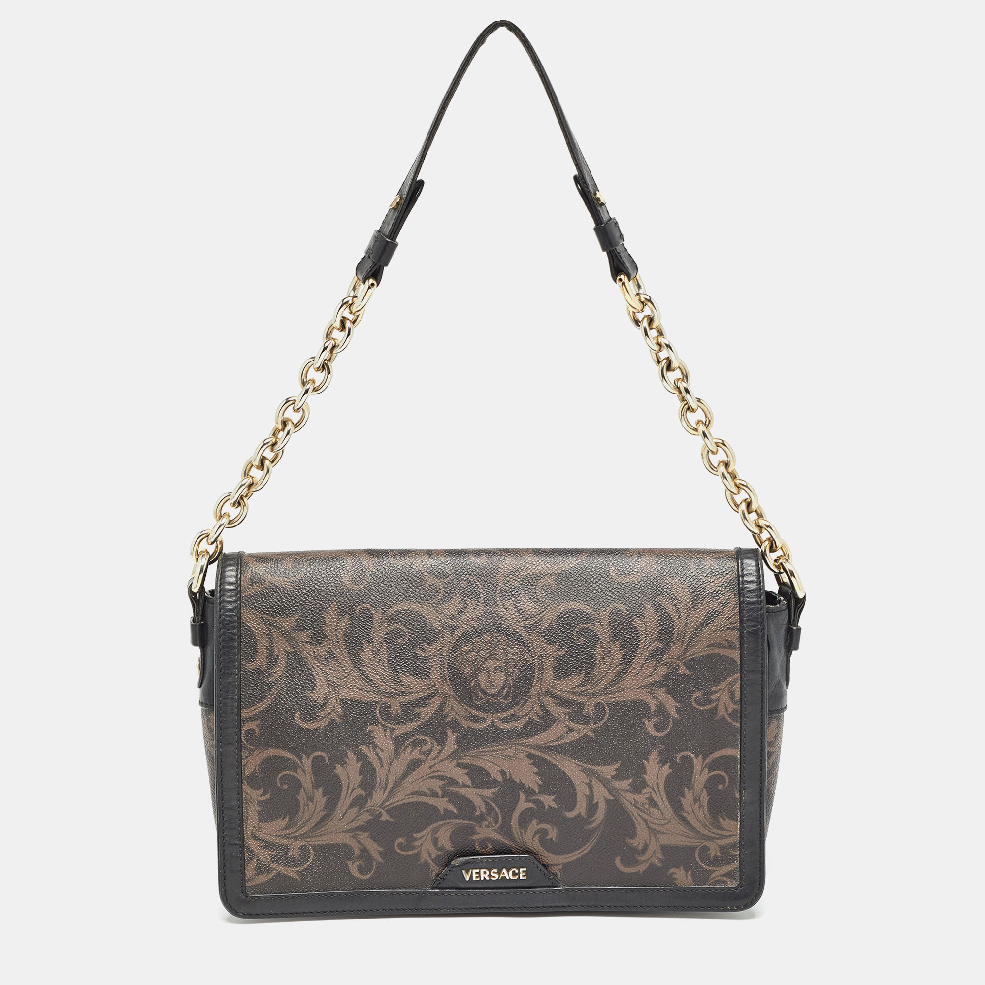

Versace Black/Brown Baroque Print Coated Canvas and Leather Flap Chain Bag