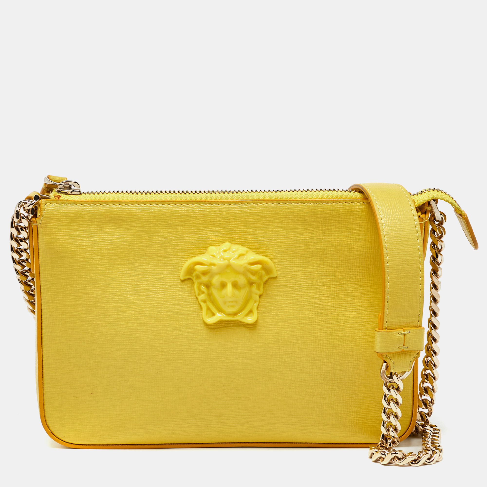 Pre-owned Versace Yellow Leather Medusa Zip Crossbody Bag