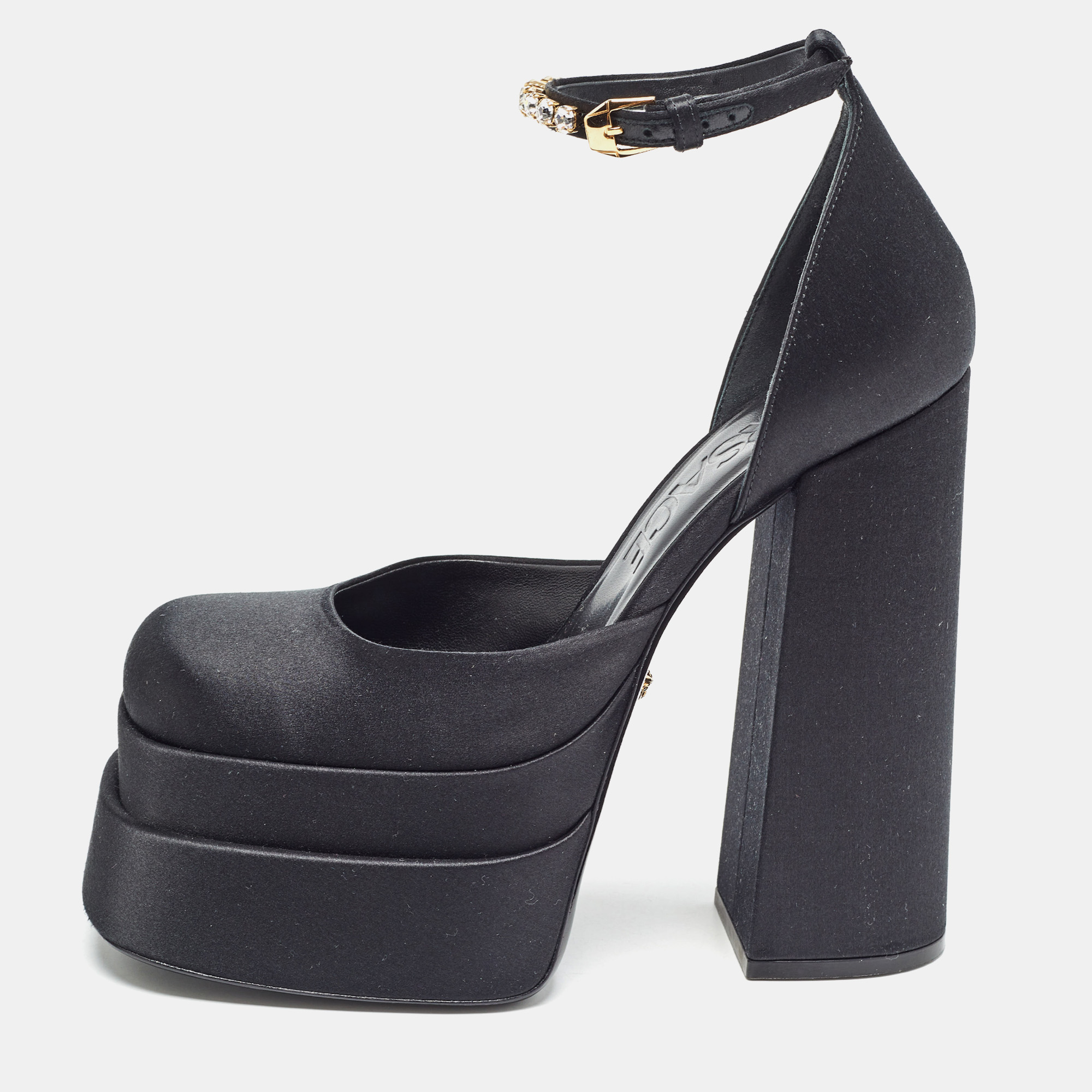 

Versace Black Satin Aevitas Crystal Embellished Platform Block Heel Ankle Strap Pumps Size