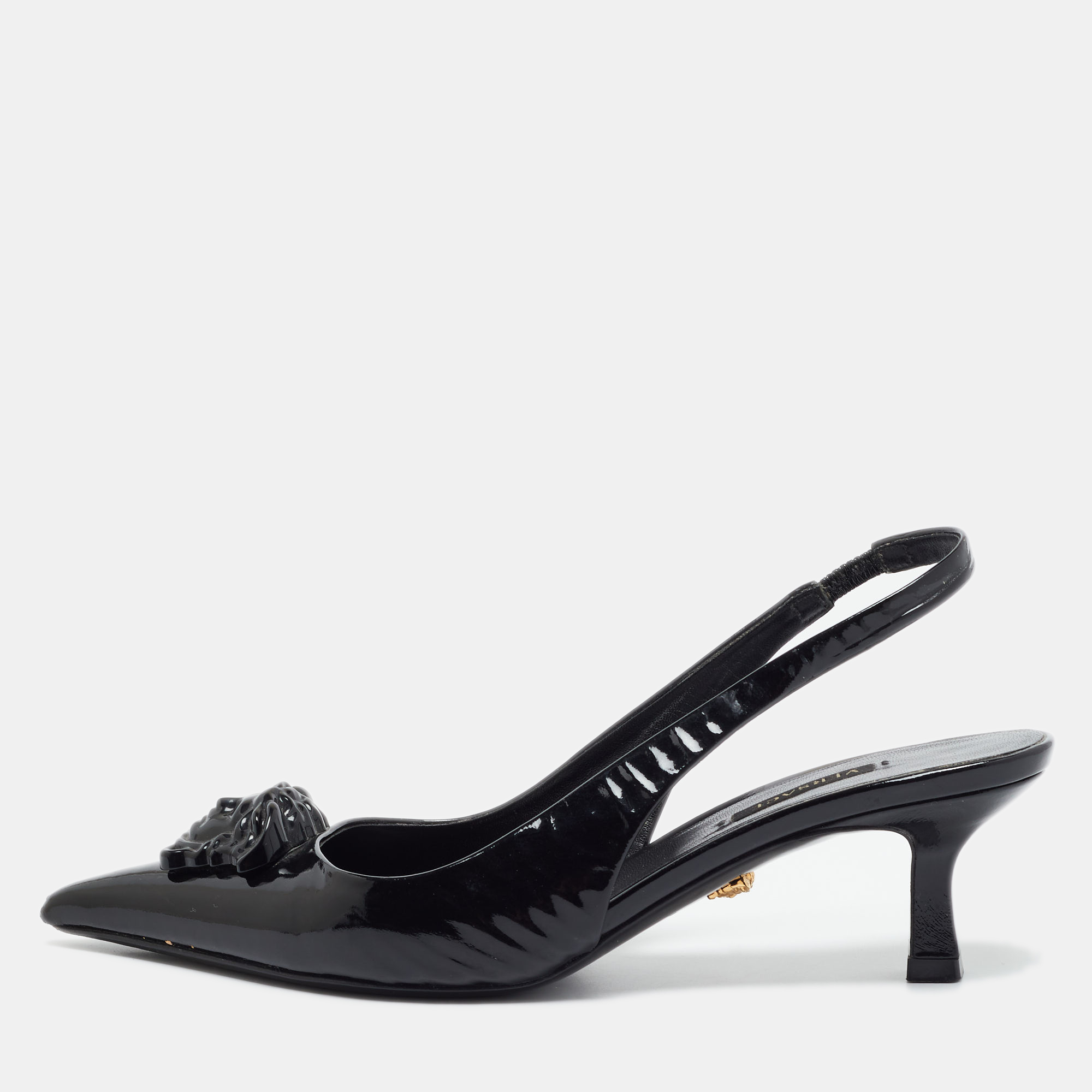 

Versace Black Patent La Medusa Slingback Pumps Size