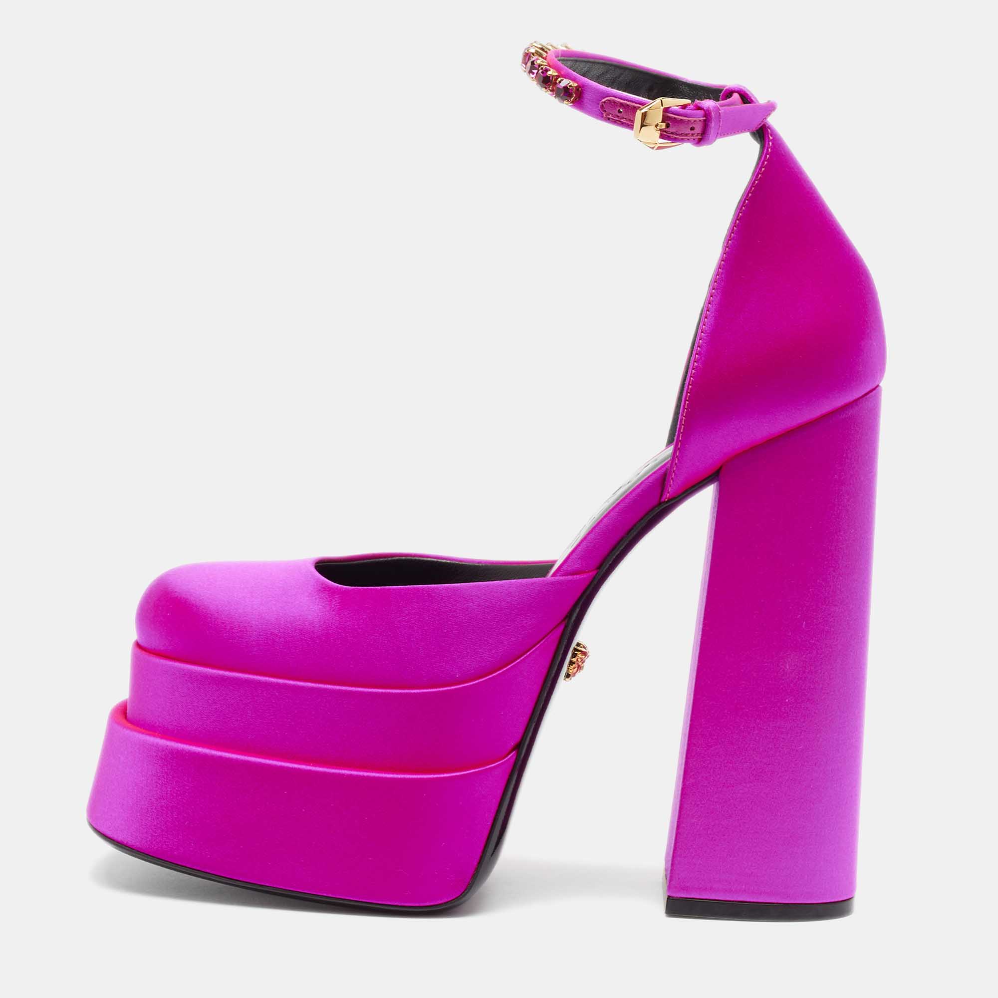 Pre-owned Versace Purple Satin Medusa Block Heel Pumps Size 38