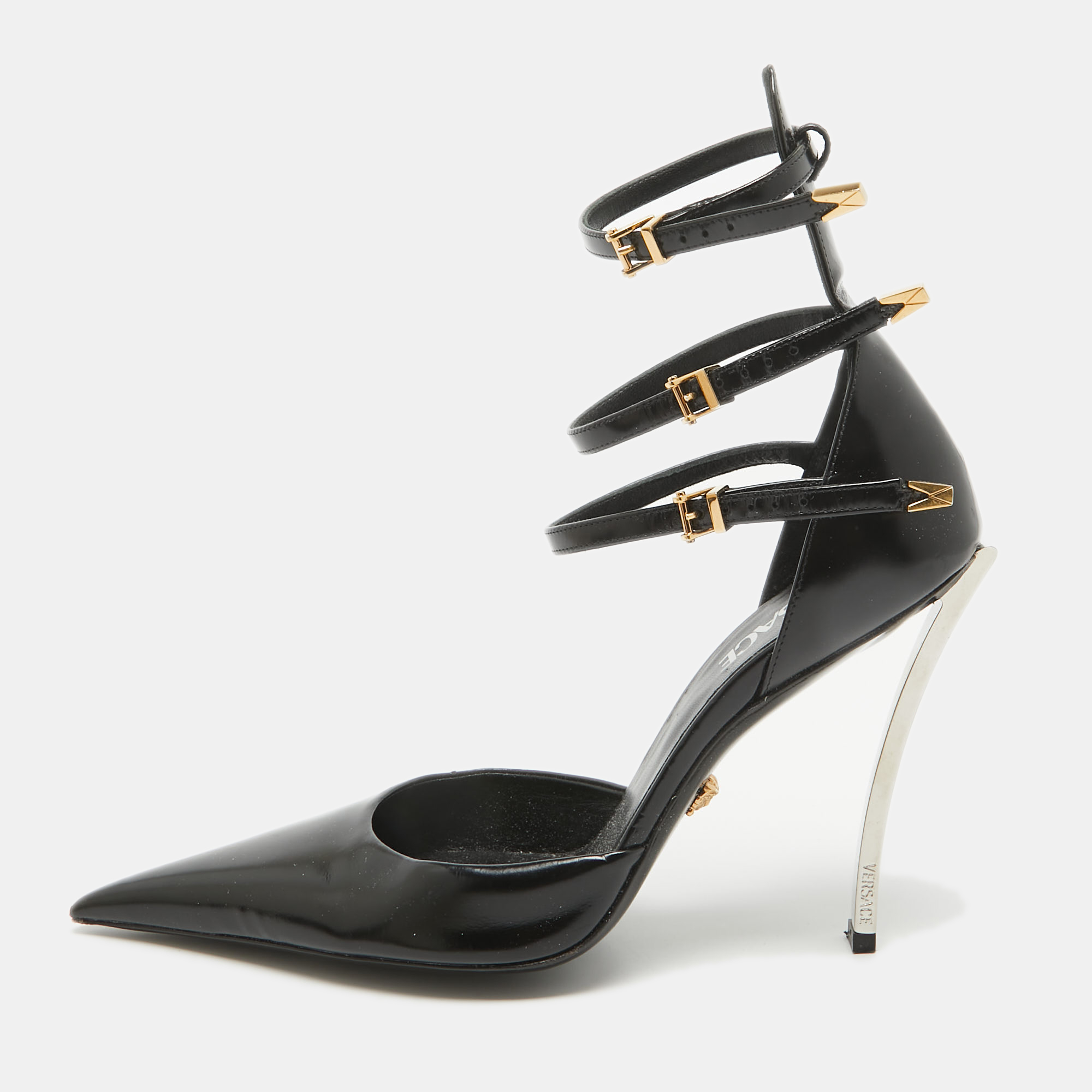 

Versace Black Leather Triple Ankle Strap Pumps Size