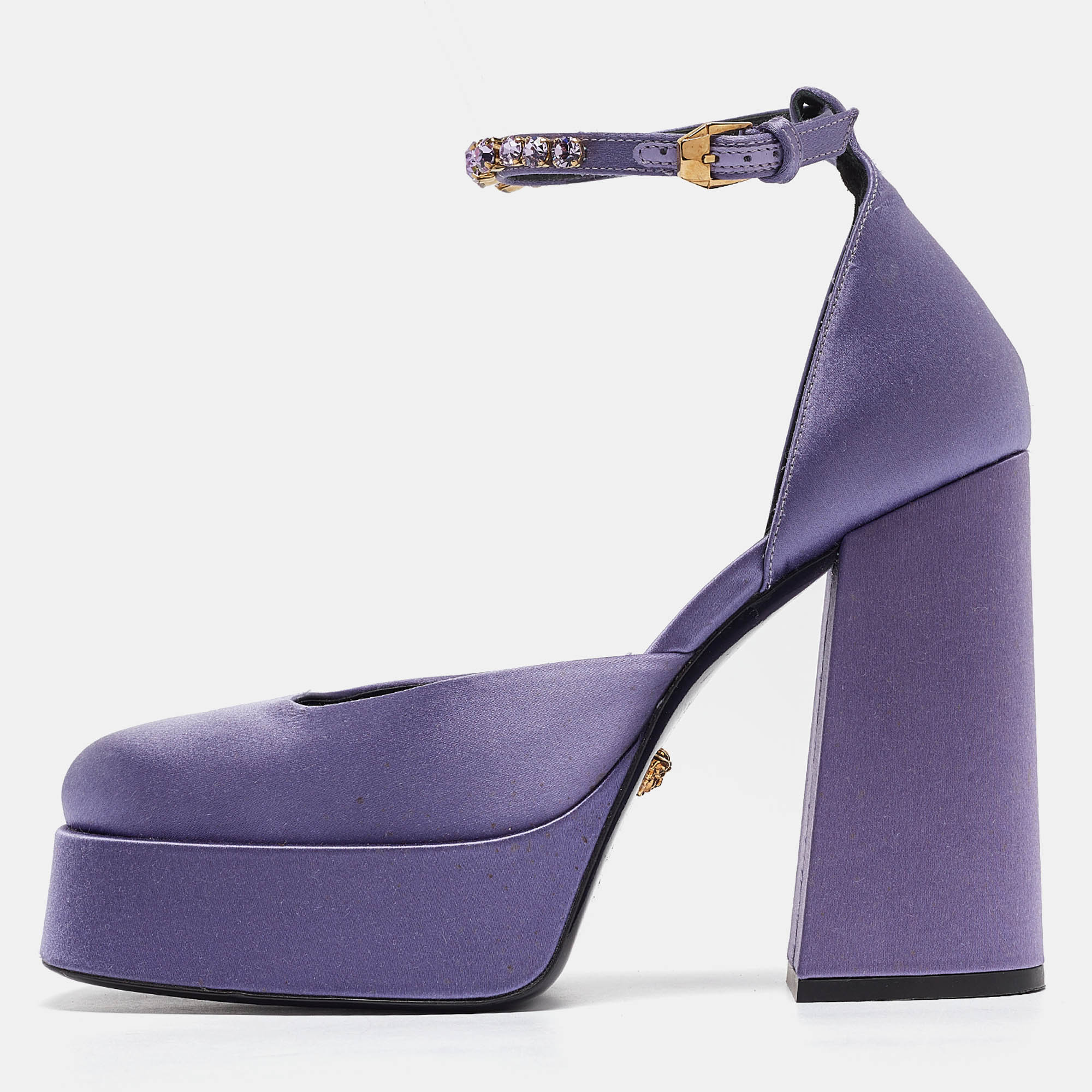 

Versace Purple Satin Aevitas Platform Ankle Wrap Pumps Size