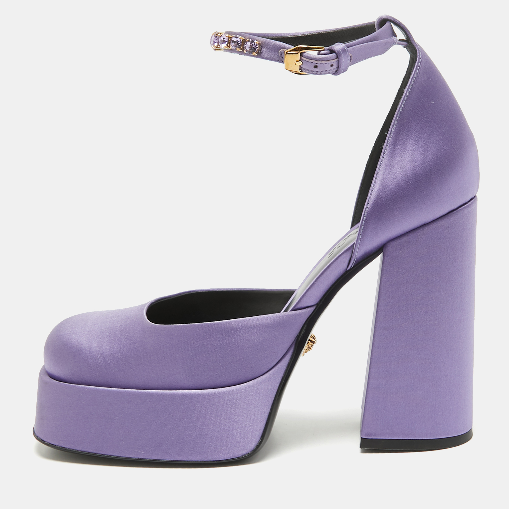 

Versace Purple Satin Crystal Embellished Aevitas Platform Pumps Size