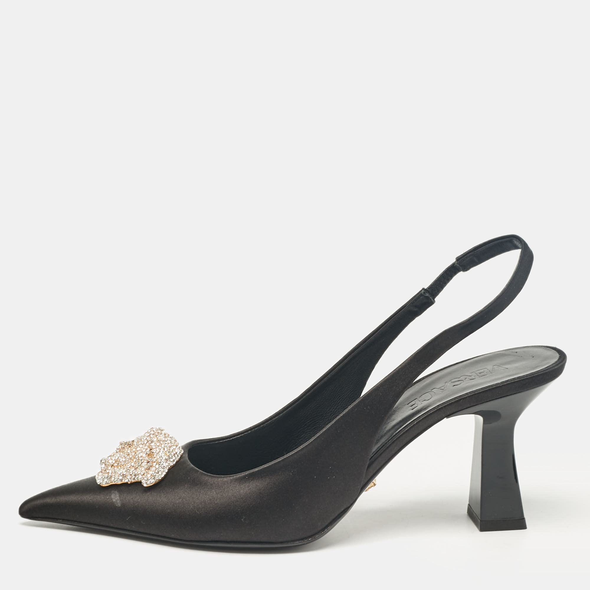 

Versace Black Satin Crystal Embellished La Medusa Slingback Pumps Size