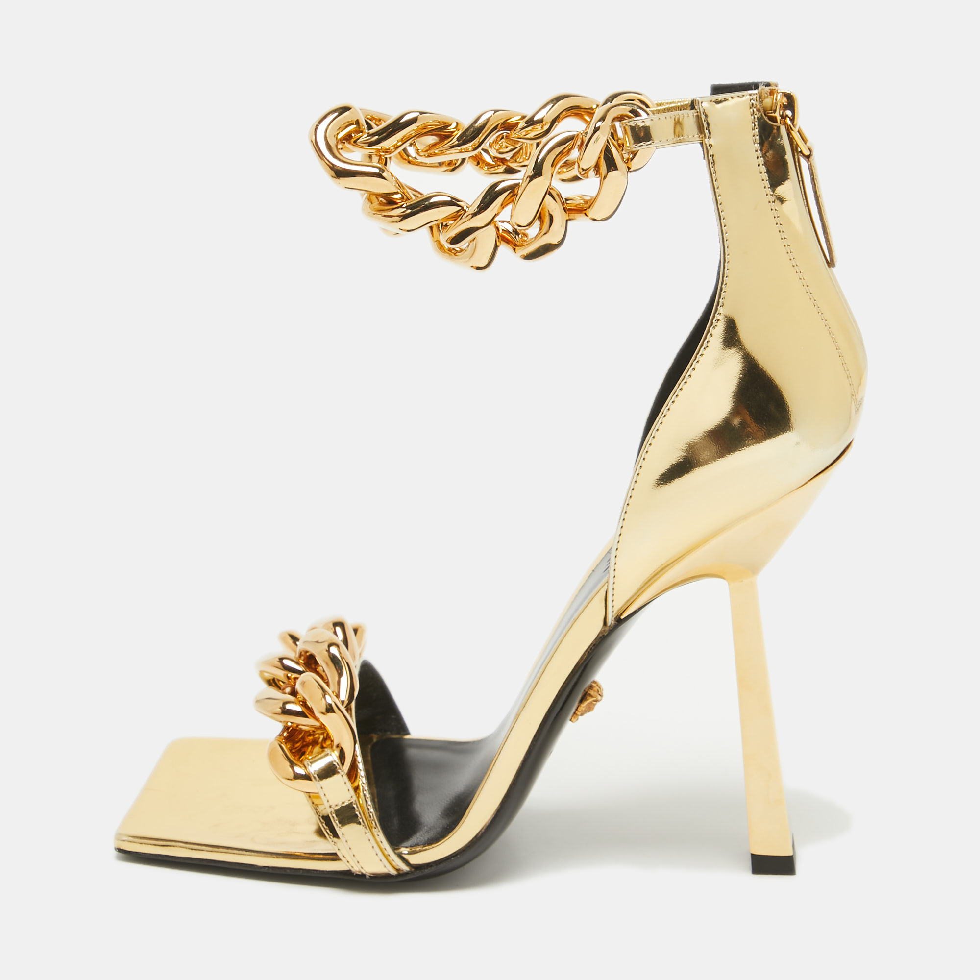 

Versace Gold Patent Leather Medusa Chain Ankle Strap Sandals Size