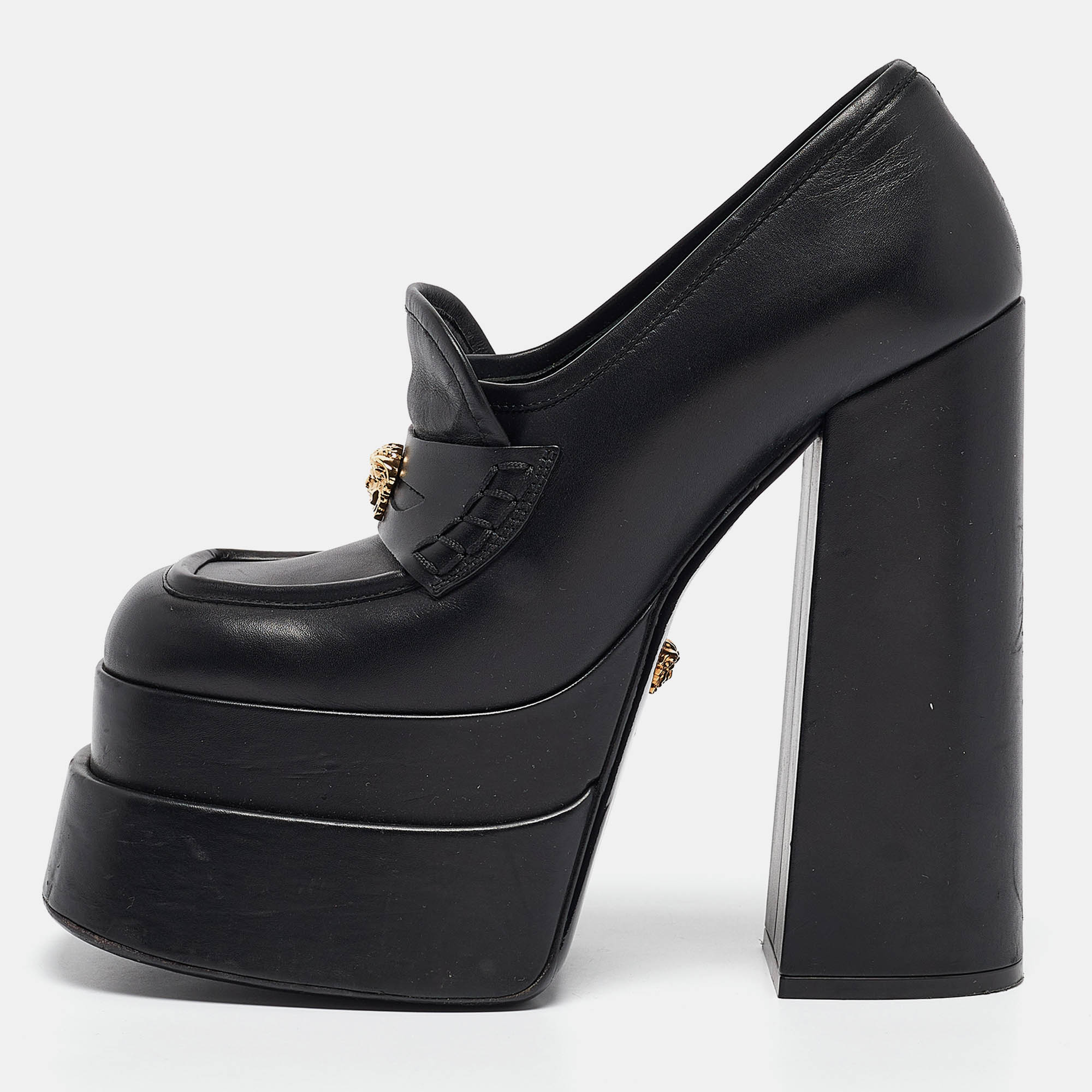 

Versace Black Leather Aevitas Block Heel Pumps Size