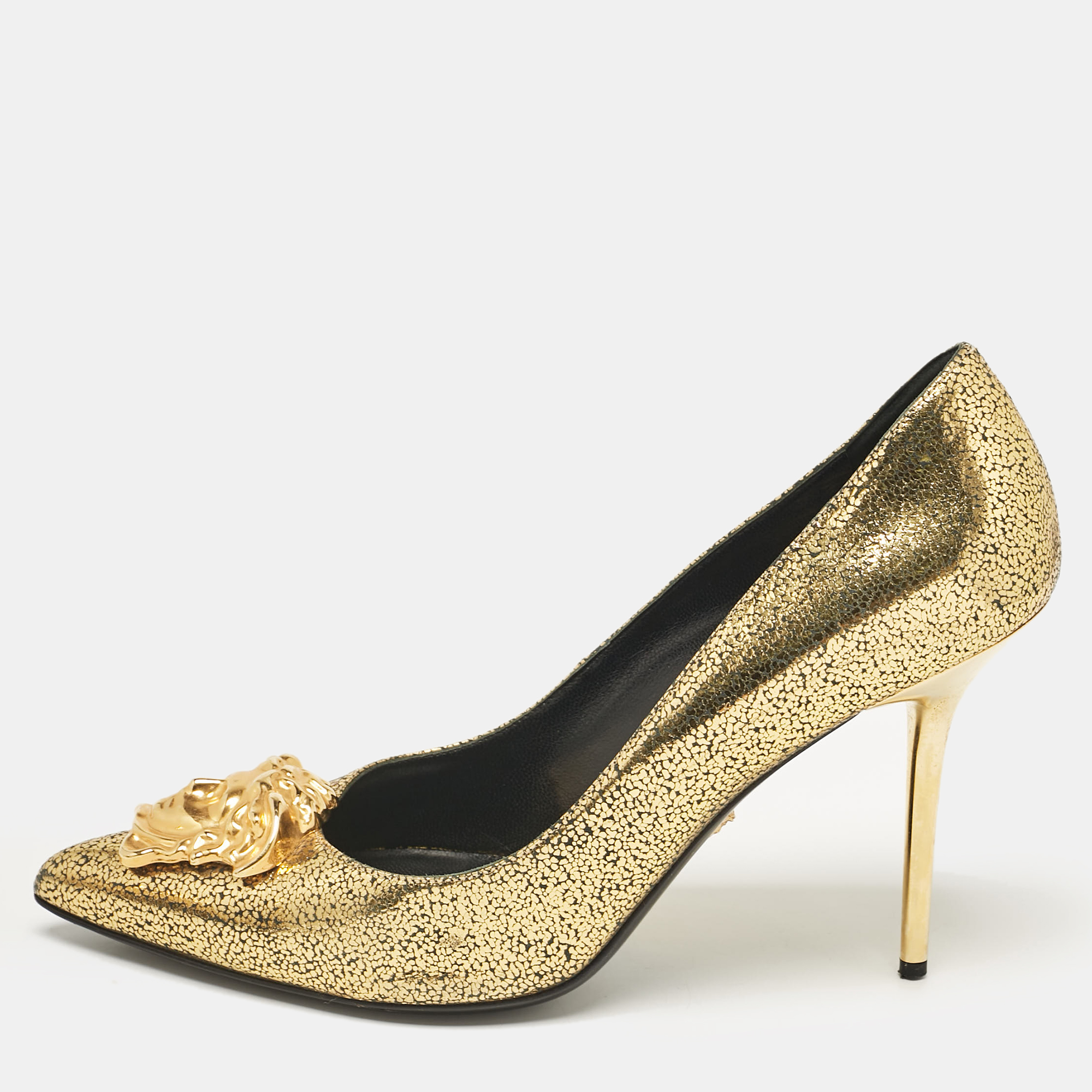 

Versace Gold Textured Suede Medusa Pumps Size