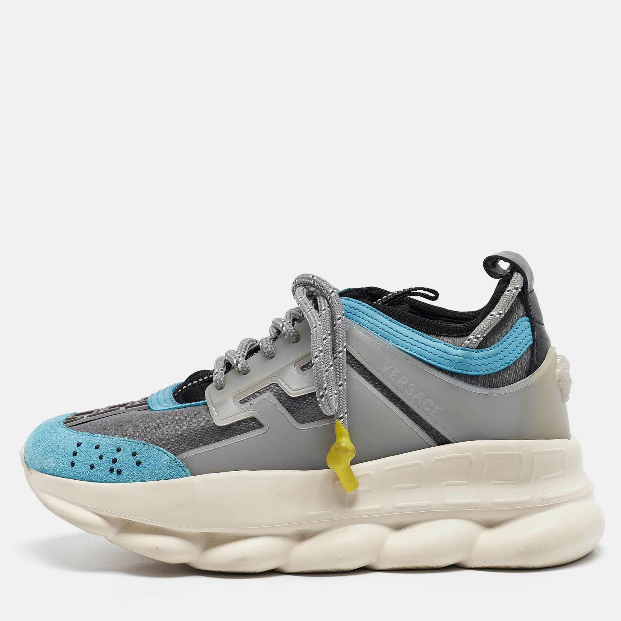 

Versace Grey/Blue Mesh and Suede Chain Reaction Sneakers Size