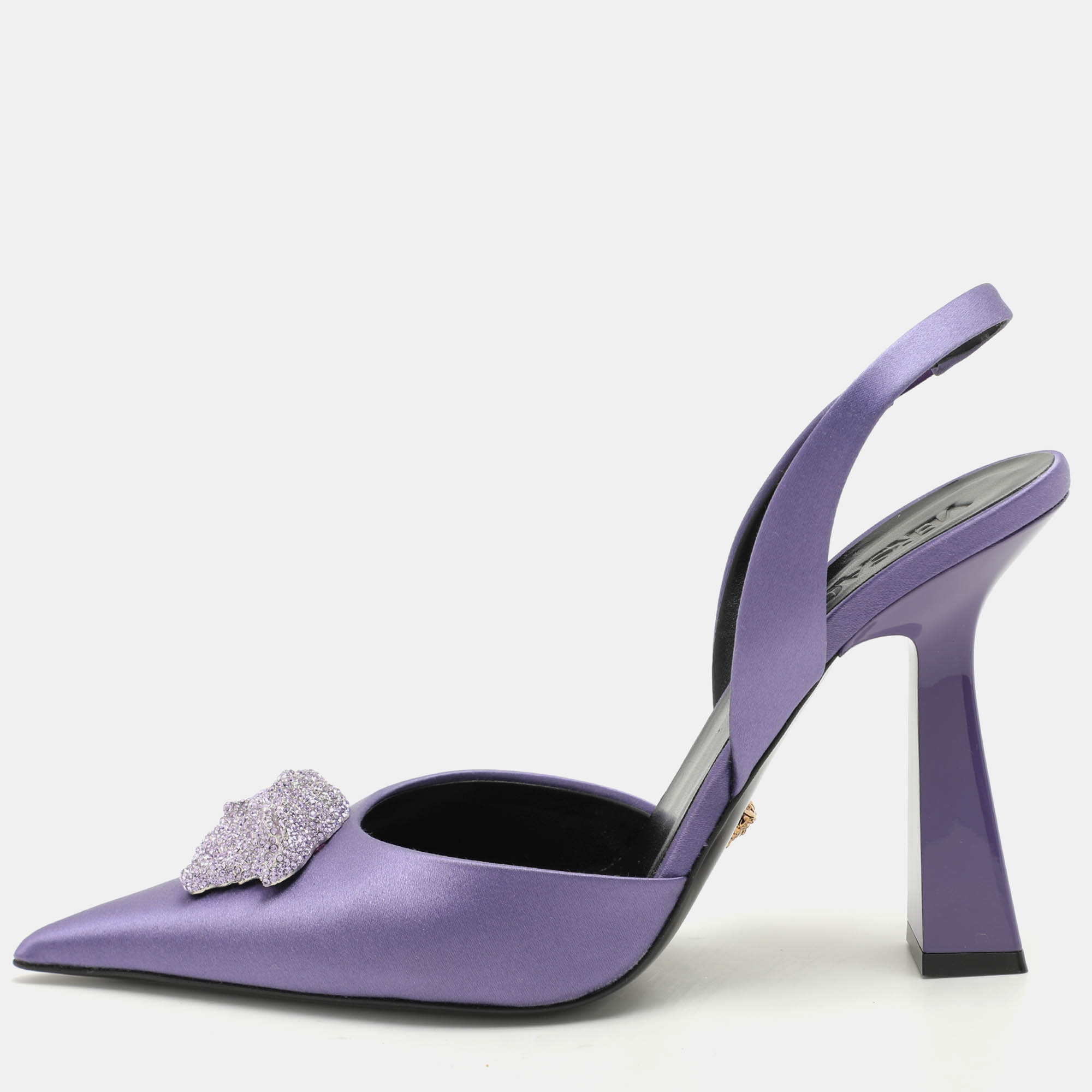 

Versace Purple Satin Crystal Embellished La Medusa Slingback Pumps Size