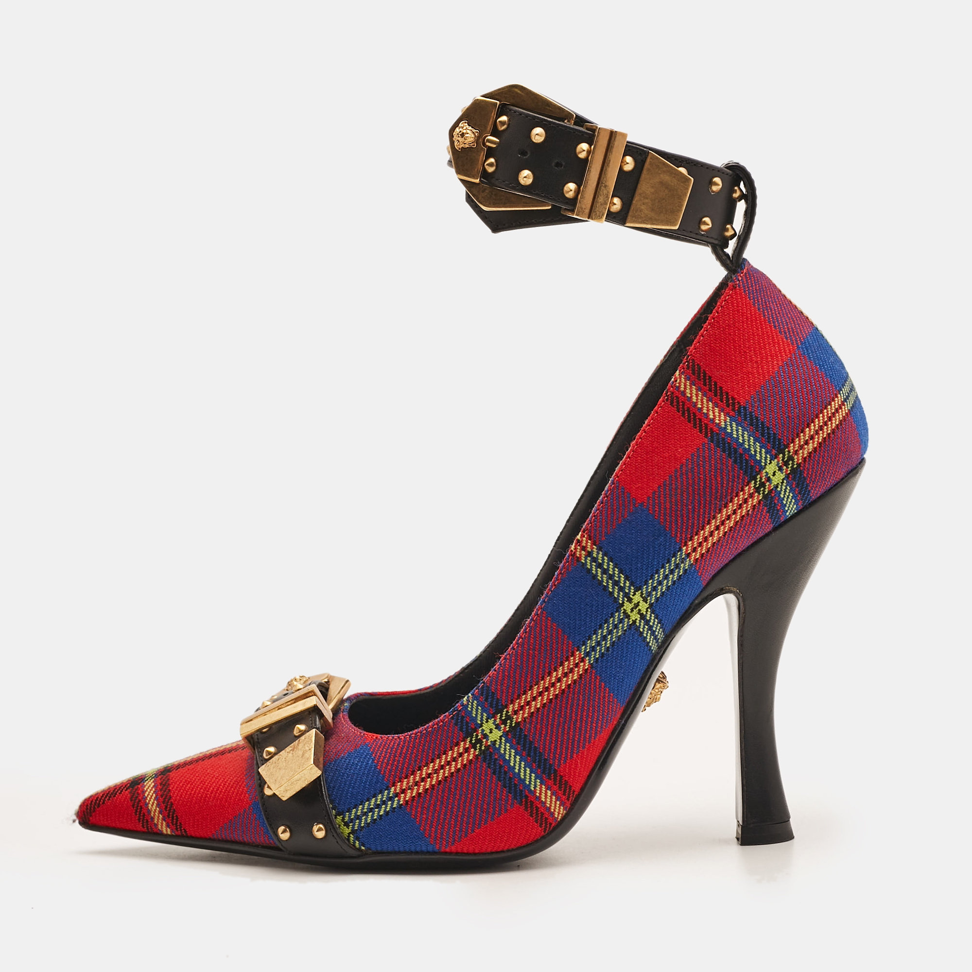 

Versace Multicolor Check Canvas Medusa Pointed Toe Ankle Strap Pumps Size