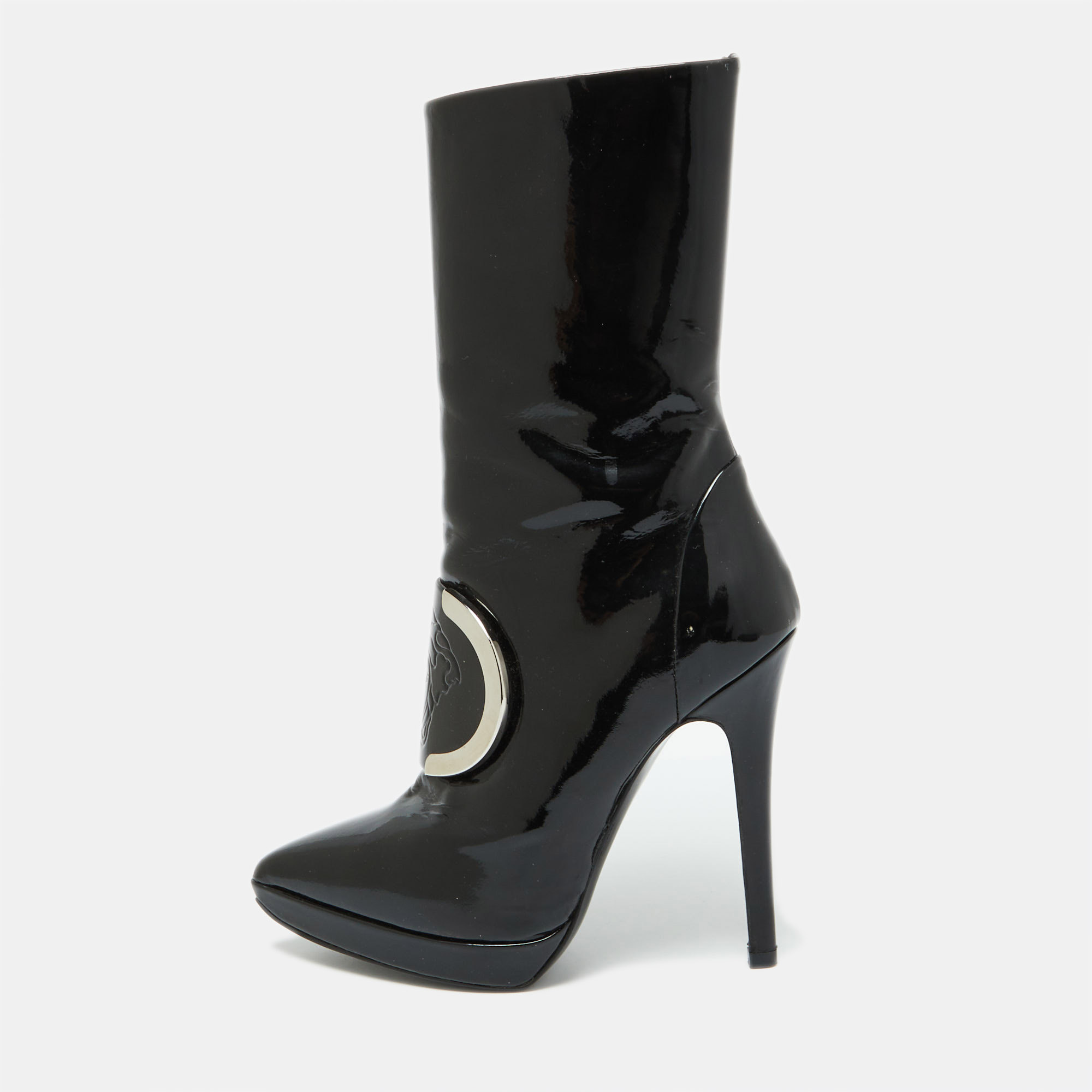 

Versace Black Patent Leather Medusa Stamp Mid Calf Boots Size