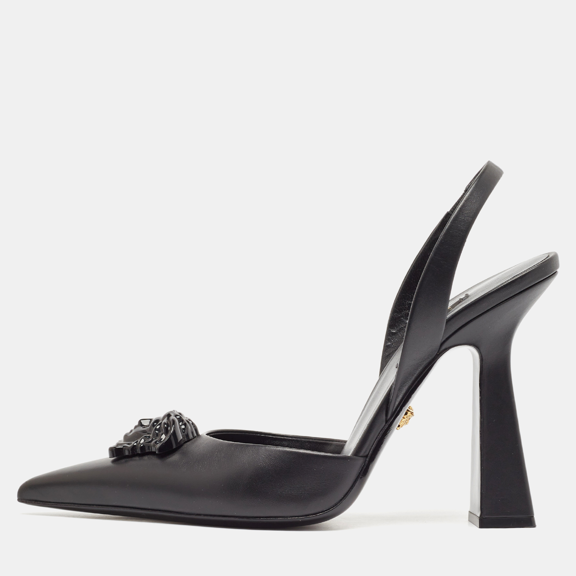 

Versace Black Leather La Medusa Slingback Pumps Size