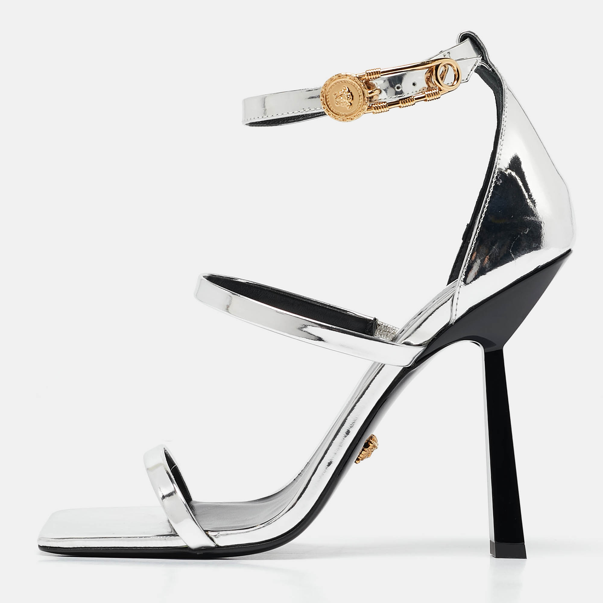 

Versace Silver Leather Safety Pin Ankle Strap Sandals Size