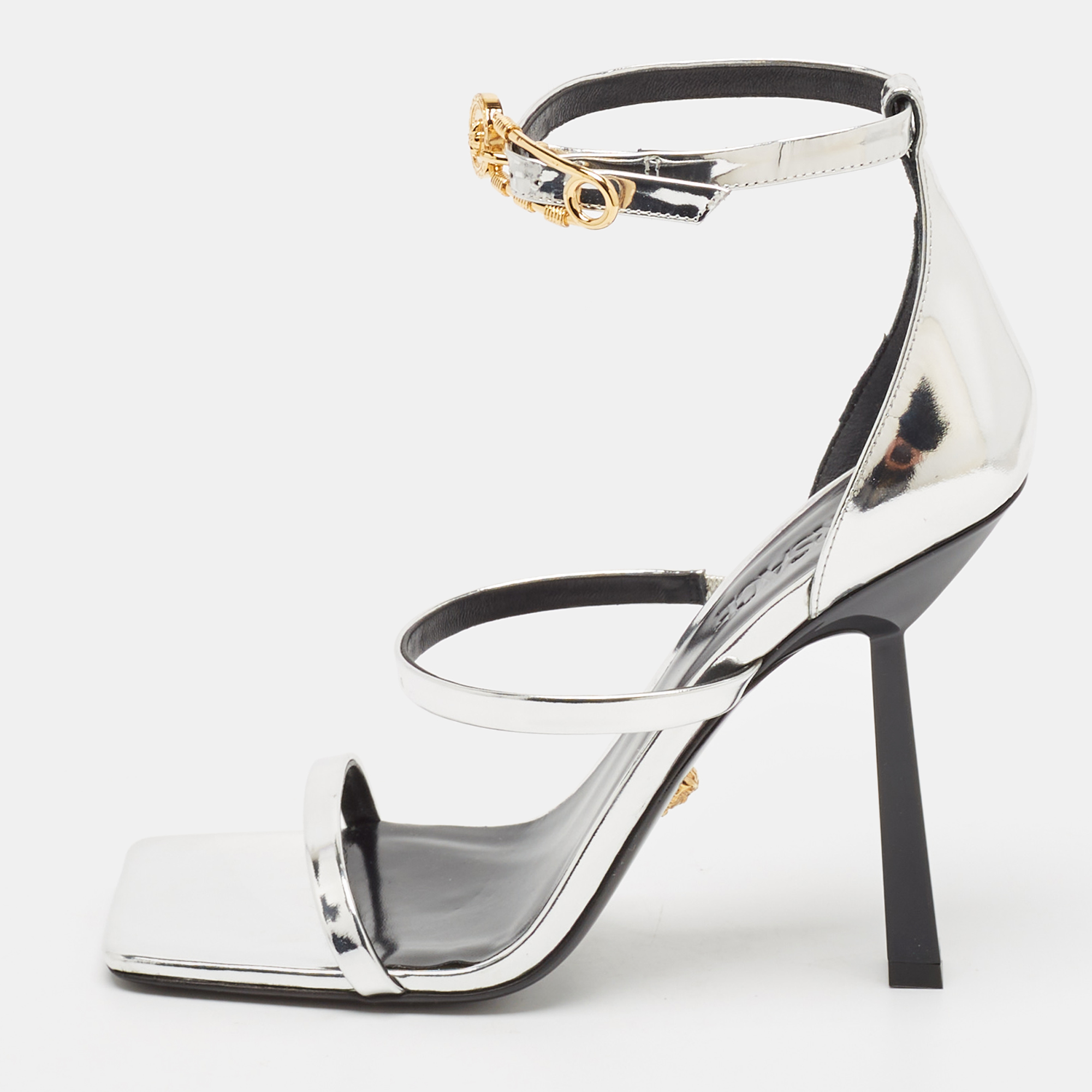 

Versace Silver Leather Safety Pin Ankle Strap Sandals Size