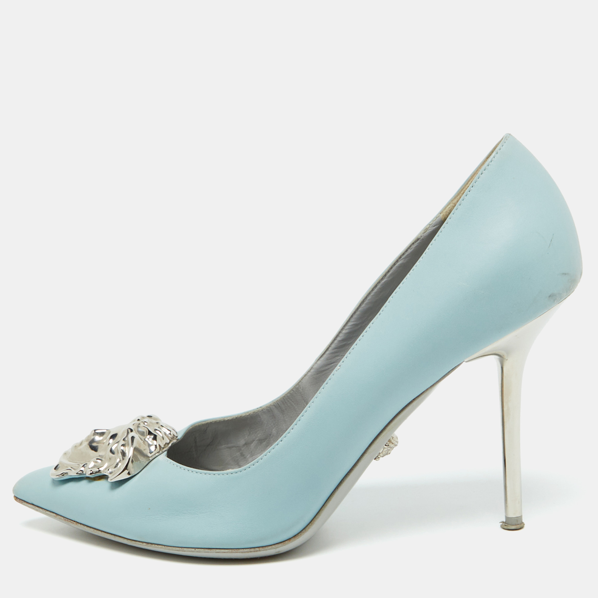 

Versace Light Blue Leather Medusa Pointed Toe Pumps Size